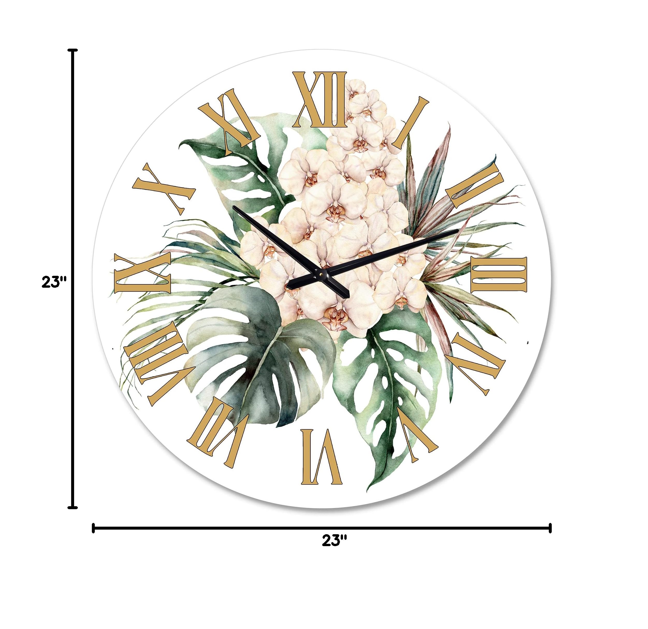 DesignQ Traditional Wall Clock - Floral & Botanical Decor with Orchids, Monstera, and Coconut Leaves - Large Decorative Clock for Living Room, Bedroom, or Office