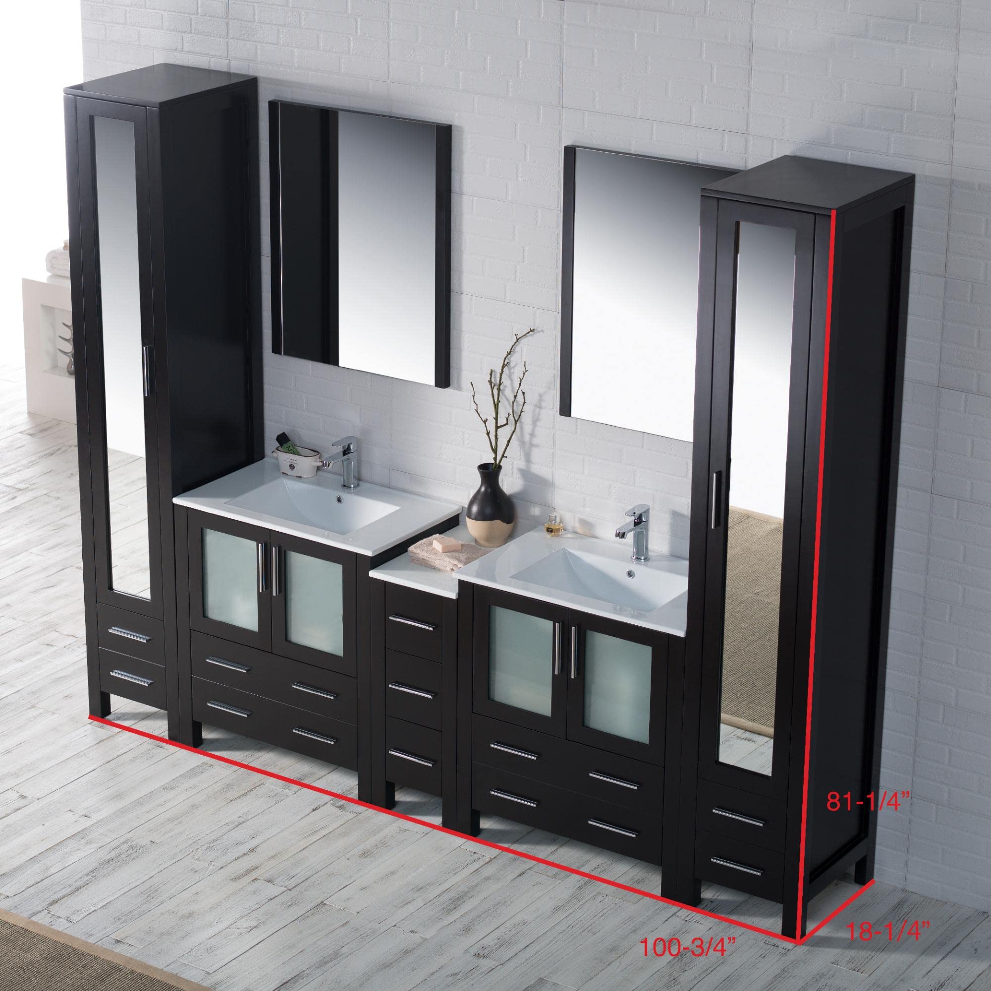 102-Inch Espresso Wood Double Ceramic Sink Bathroom Vanity with Side Cabinet & Mirrors - Modern Bathroom Storage Solution for Master Bath or Guest Bath Remodel