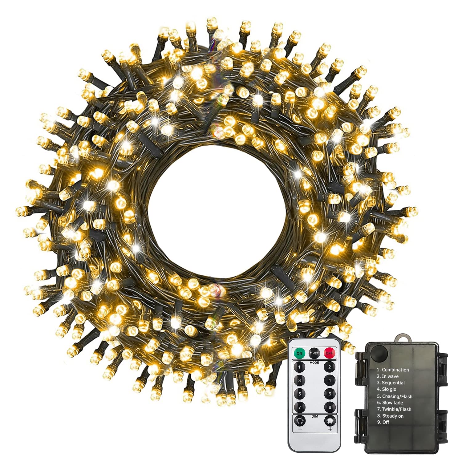 33ft 100 LED Christmas String Lights - Waterproof Battery Operated Fairy Lights with 8 Modes, Warm White Decorative Lights for Xmas Tree, Party, Garden, Indoor & Outdoor Use - Perfect for Holiday Decorations, Wedding, Bedroom, and Backyard Lighting
