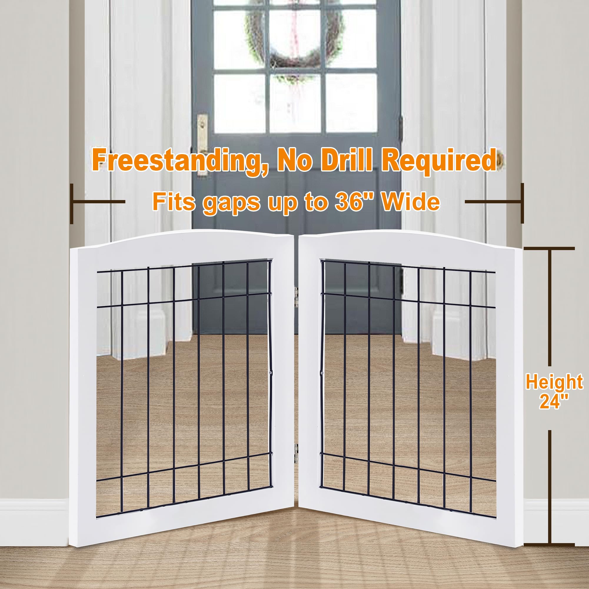 LZRS 2-Panel Freestanding Foldable Wooden Dog Gate with Steel Wire - Chew-Resistant Pet Barrier for Small to Medium Dogs - Solid Wood Construction in White - Perfect for Doorways, Hallways and Staircases (Indoor Use)