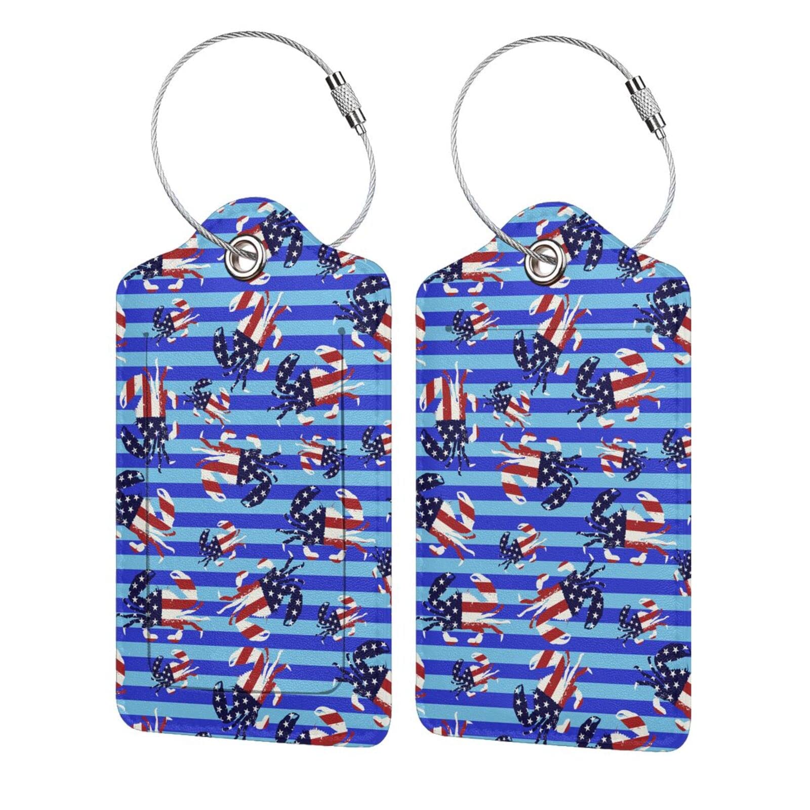 2 Pack American Flag Crab PU Leather Luggage Tags with Stainless Steel Loop - Privacy Cover ID Label - Stylish Travel Luggage Tags for Women, Men & Kids - Perfect for Airports, Cruise Ships & Vacation Suitcases - Great Gift Idea
