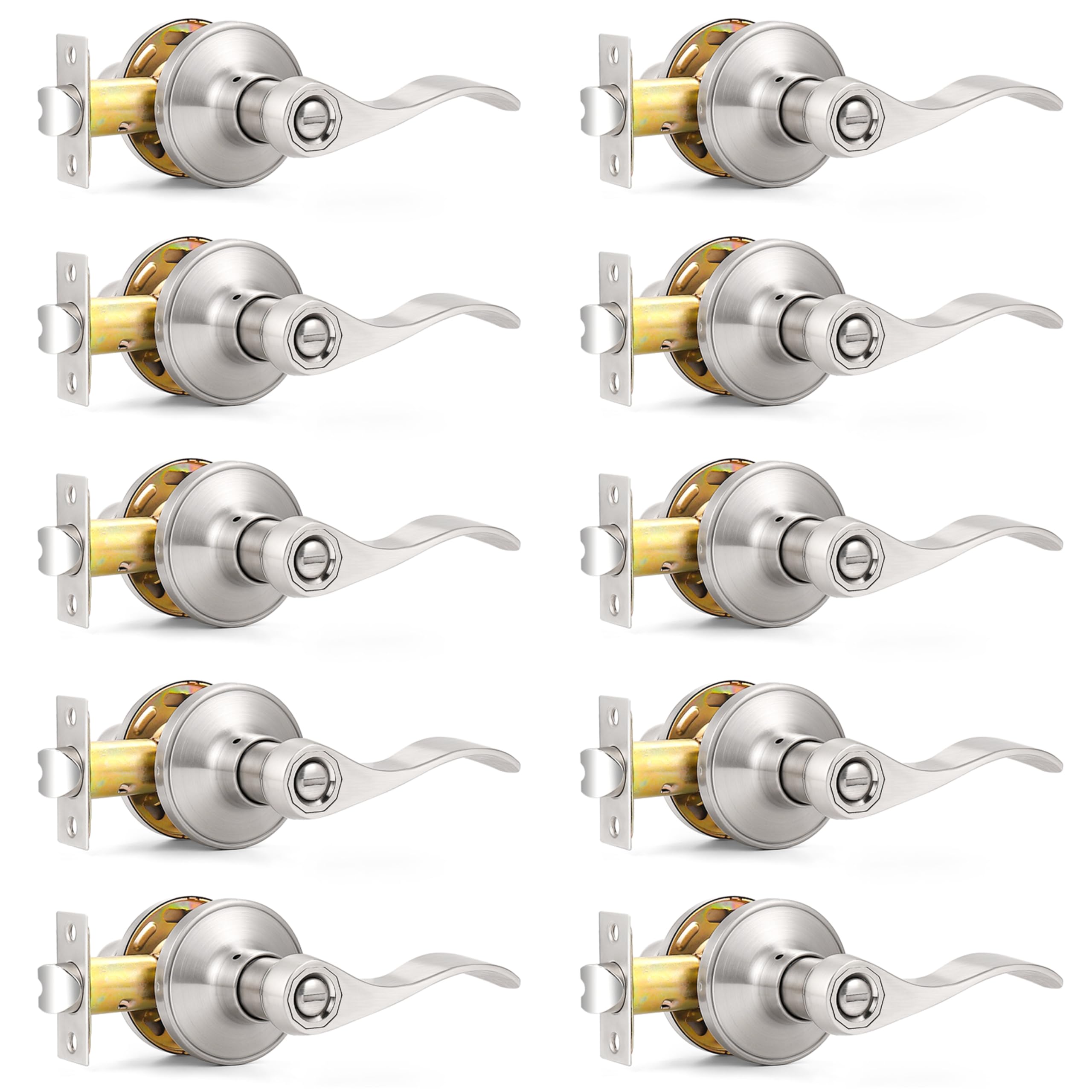 Probrico 10-Pack Satin Nickel Wave Style Privacy Door Levers - Bedroom & Bathroom Door Handles with Lock - Durable Interior Door Hardware for Homes, Hotels, and Offices