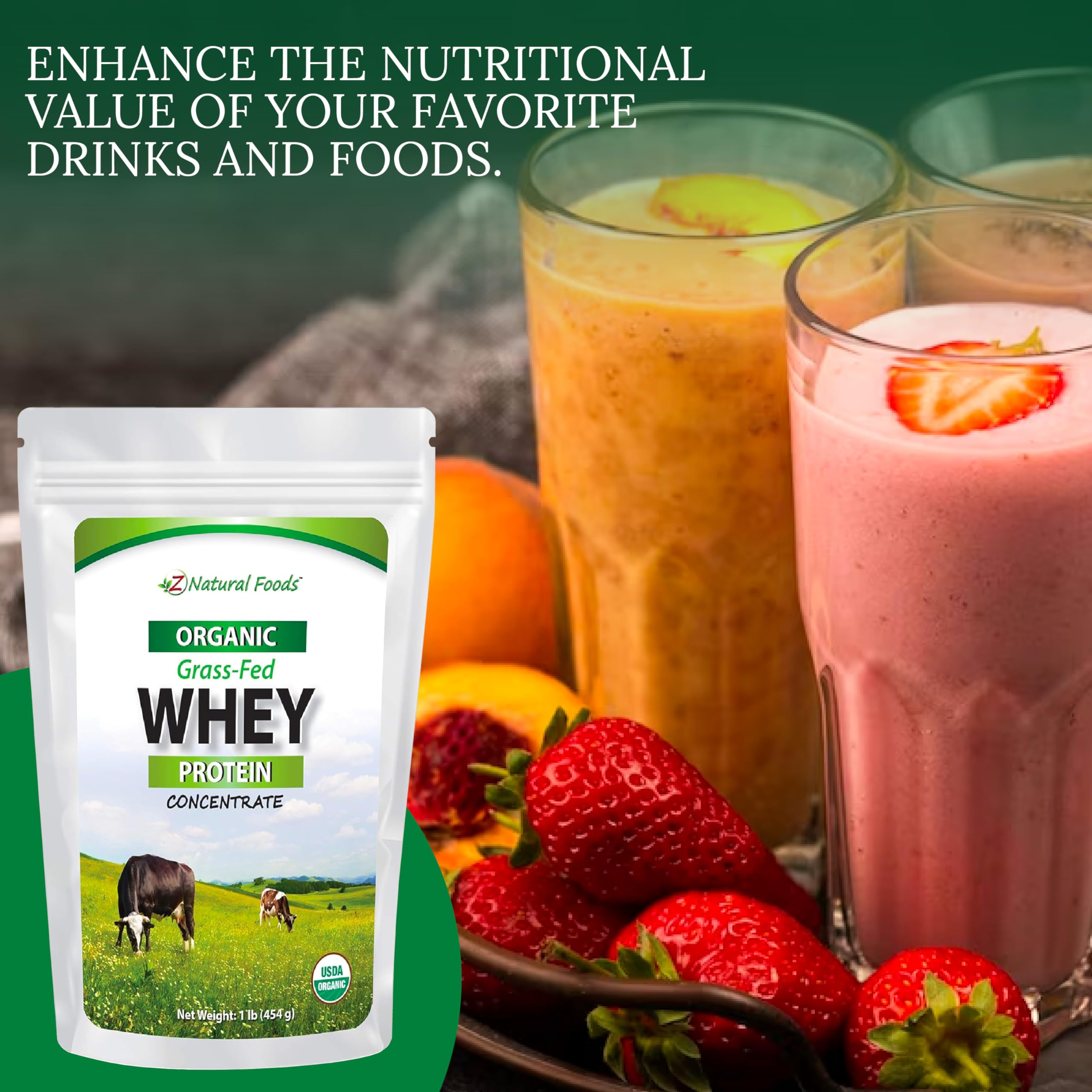 Organic Grass-Fed Whey Protein Powder by Z Natural Foods - Cold-Processed, Unflavored Whey Protein Concentrate with Essential Amino Acids for Muscle Recovery & Fitness - 1 lb | Ideal for Post-Workout Shakes, Smoothies & Healthy Baking