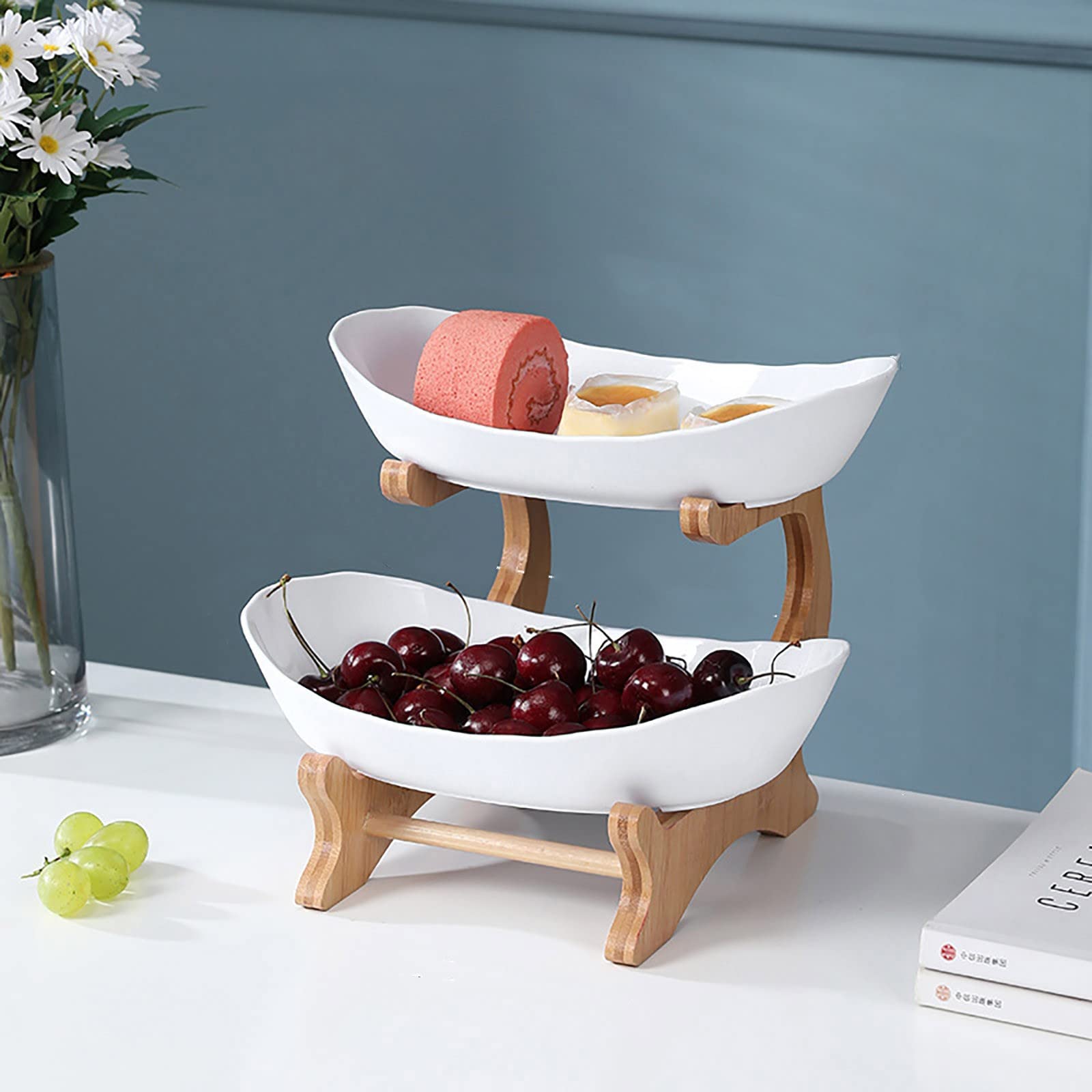 2-Tier Luxury Fruit Bowl with Wooden Stand - Durable Plastic Fruit Basket for Kitchen Counter, Multi-Layer Snack Tray - Perfect for Fresh Fruits, Candy Display in Kitchen, Living Room & Dining Room Decor