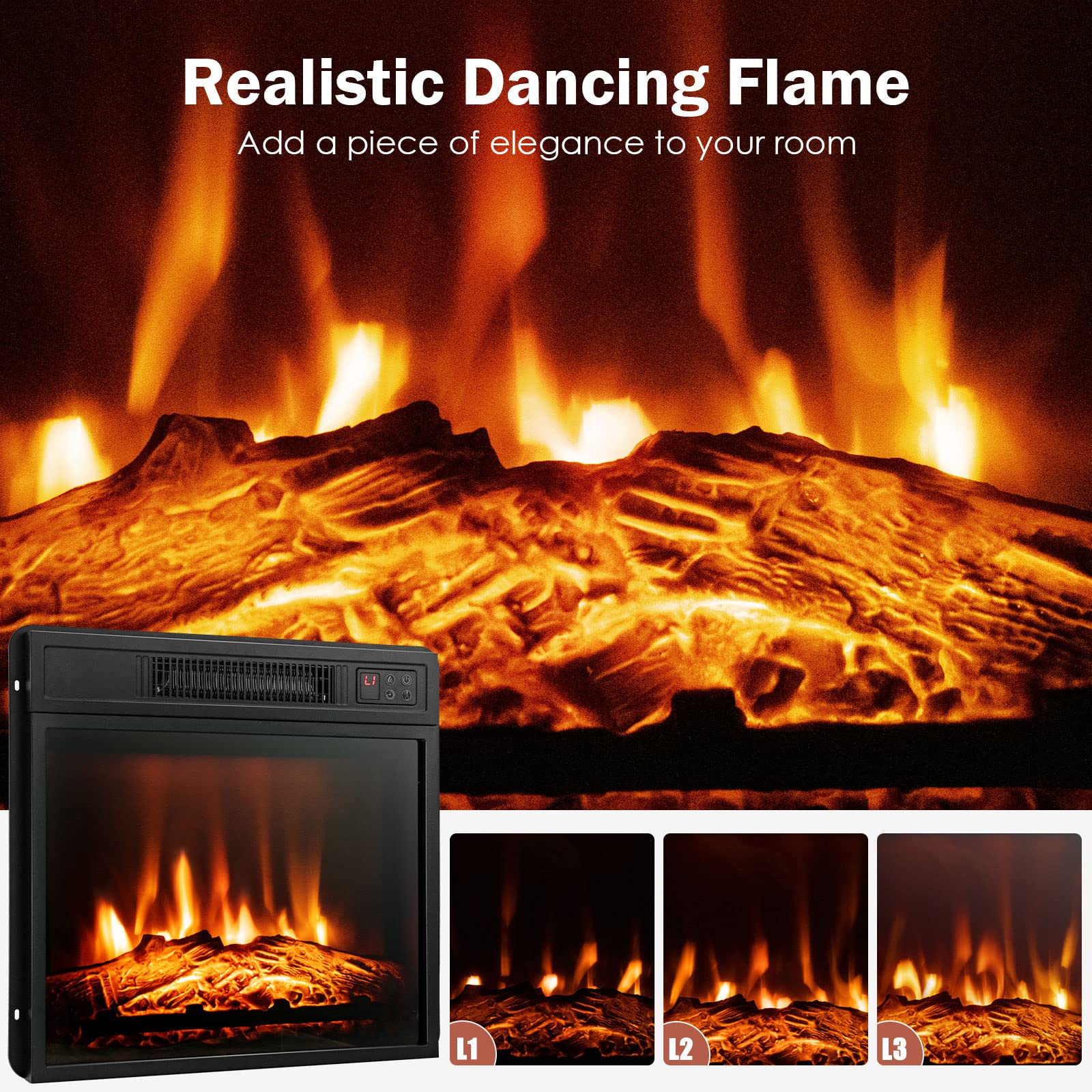 COSTWAY 18-inch Electric Fireplace Insert - 1400W Recessed Fireplace Heater with Remote Control, 3 LED Flame Effects & 6H Timer - Indoor Wall Mount or Freestanding Fireplace for Bedroom, Living Room, Home Office - Black (Perfect for Winter Heating & Cozy Ambiance)