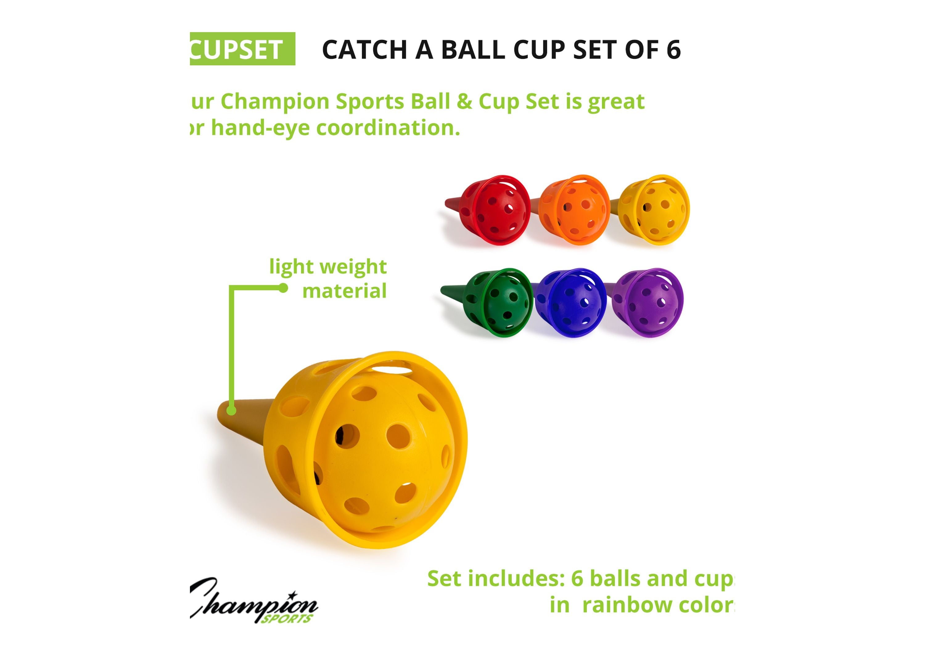 Champion Sports Rainbow Catch A Ball Cup Set - 6 Piece Colorful Stacking Cups for Kids Outdoor Games, Birthday Parties & Beach Activities