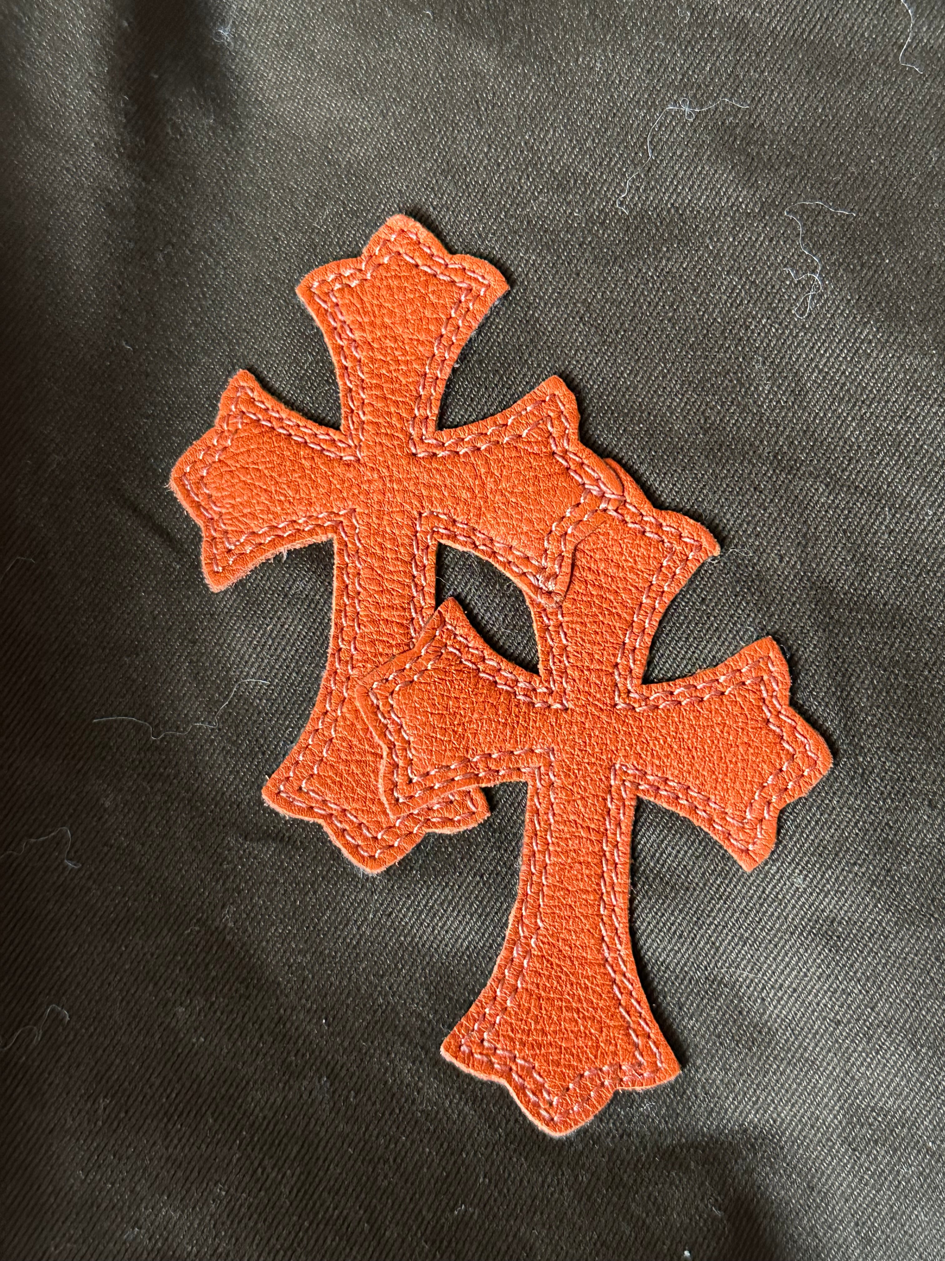 Chrome Hearts Brown & Orange Cross Patch Carpenter Jeans - Stylish Distressed Denim Pants for Men | Perfect for Streetwear & Casual Outfits