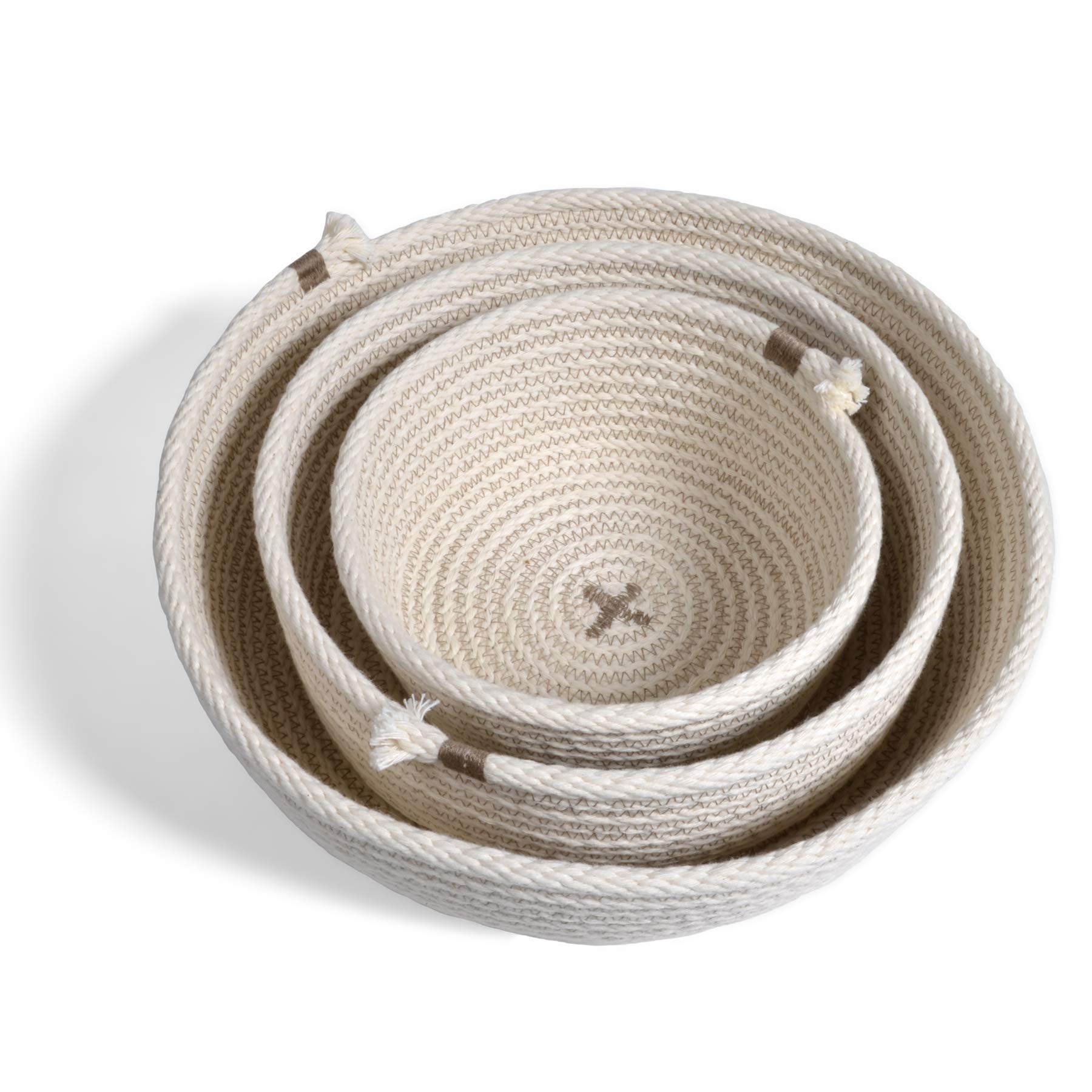 Handmade Rope Nesting Baskets Set of 3 - White & Taupe Woven Storage Bins for Home Organization | Perfect for Living Room, Bedroom & Nursery Decor