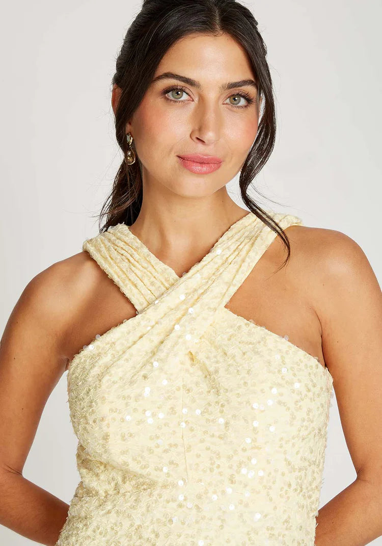 Louise Sequin Waffle Cross Neck Midi Dress - Lemon Yellow Party Dress for Women, Perfect for Cocktail Parties, Weddings & Special Occasions