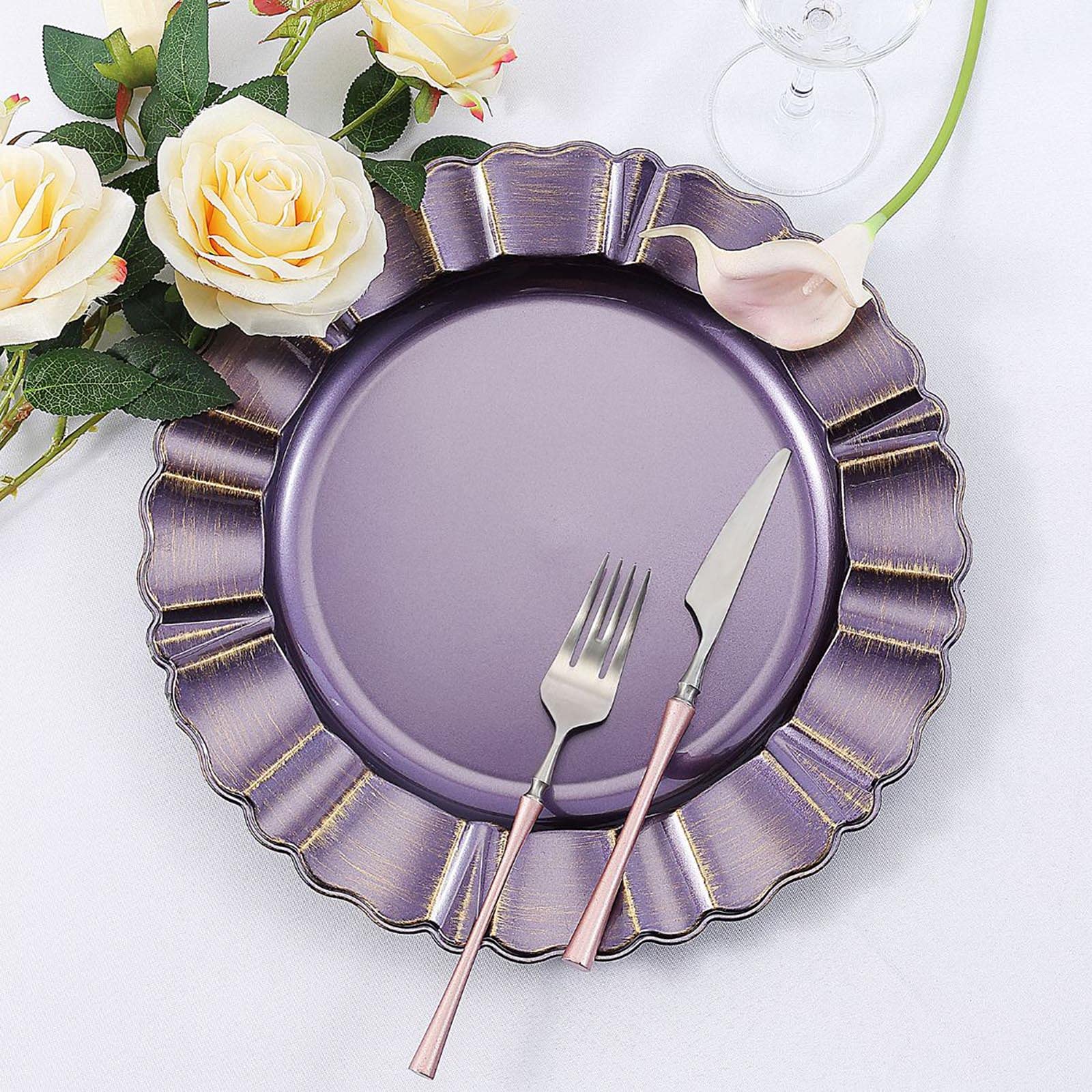 Set of 6 - 13 Inch Round Purple Charger Plates with Scalloped Wavy Rim for Wedding, Party, and Formal Dining Decorations