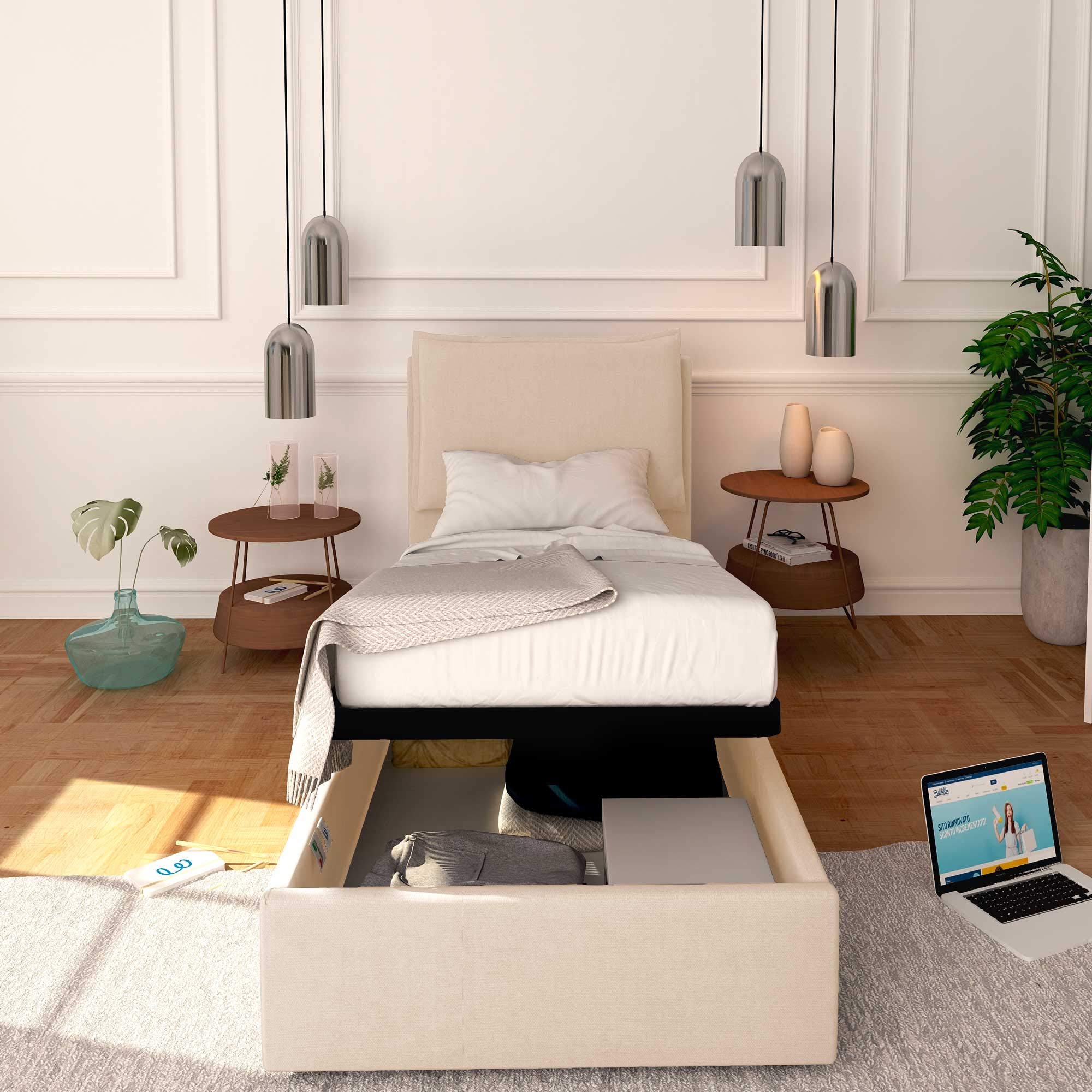 Baldiflex Single Bed with Storage - White Synthetic Leather Upholstered Frame, Slatted Base for 90x190cm Mattress, Thin Padded Headboard - Perfect for Small Bedrooms, Guest Rooms & Studio Apartments