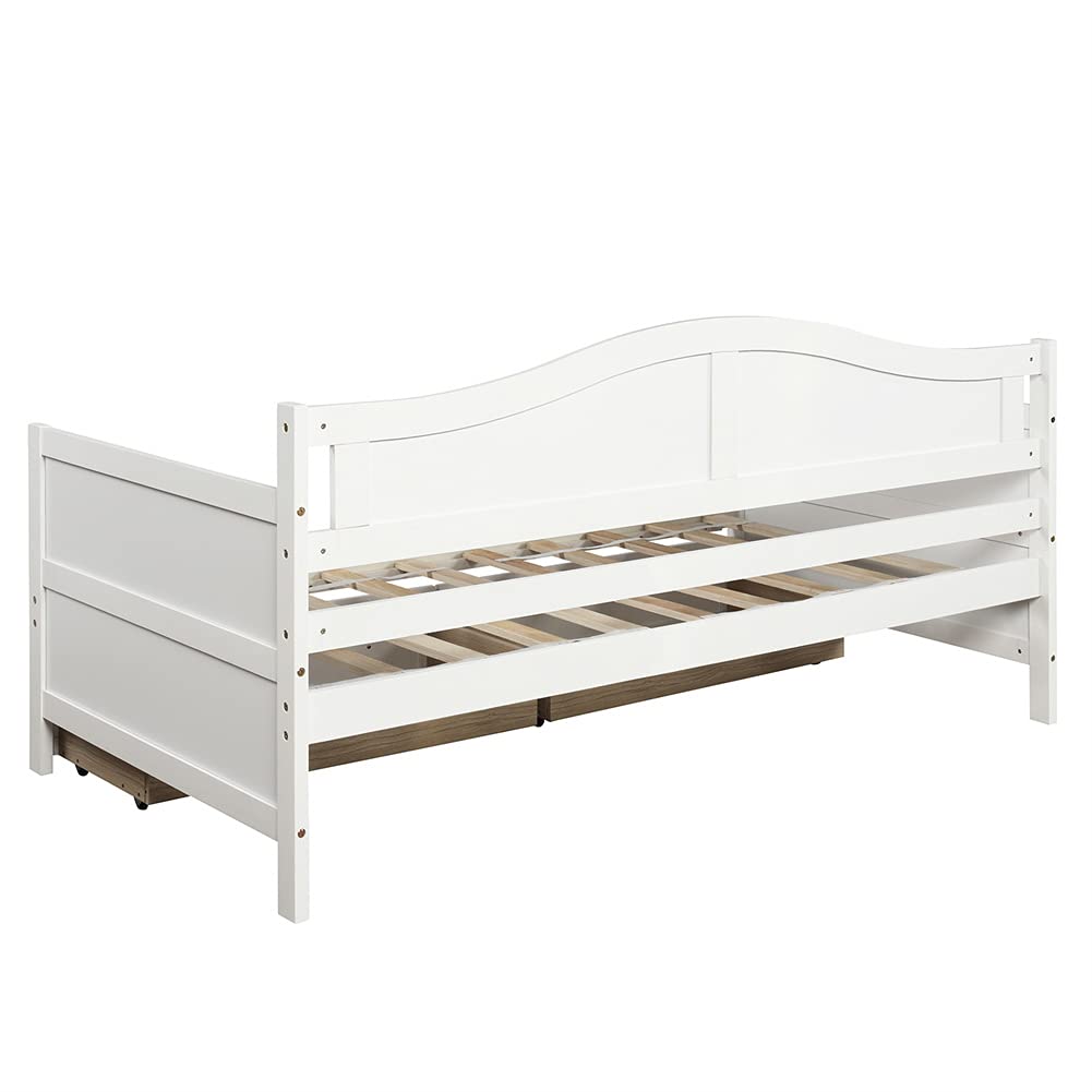 Wooden Twin Daybed with 2 Drawers - Convertible Sofa Bed for Bedroom & Living Room - Easy Assembly White Furniture - Perfect for Guest Rooms, Small Spaces & Home Offices