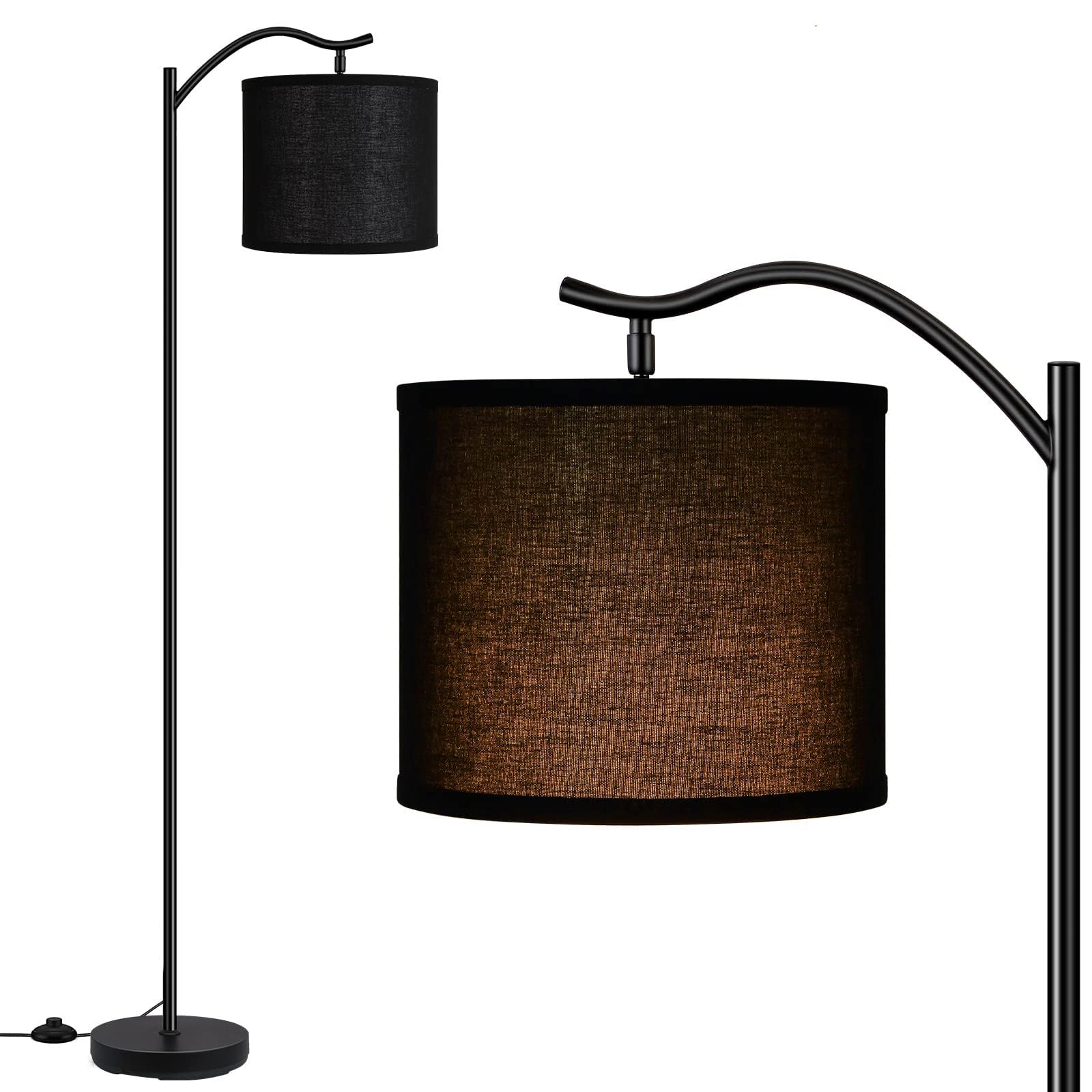 Modern LED Arched Floor Lamp with Black Linen Shade - Tall Standing Lamp for Living Room, Bedroom, Office & Corner - E26 Socket & Footswitch - Mid Century Design for Home Decor & Reading Nook