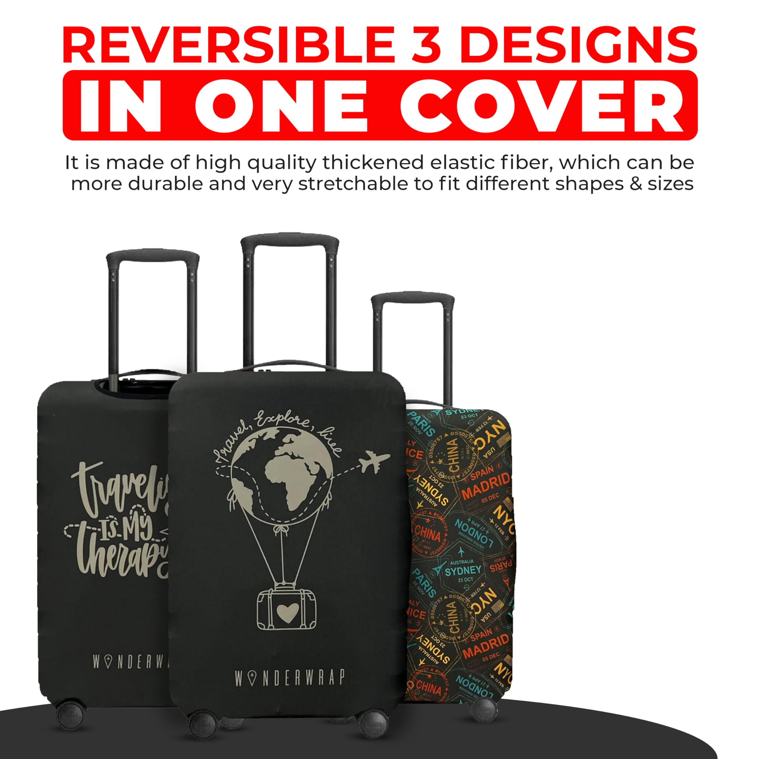 Reversible Luggage Cover Protector - Washable Anti-Scratch Suitcase Protector for Travel (Black Hot Air Balloon, Large 65-71 x 43-48 x 26-30cm) | Perfect for Airplane, Train & Vacation Trips