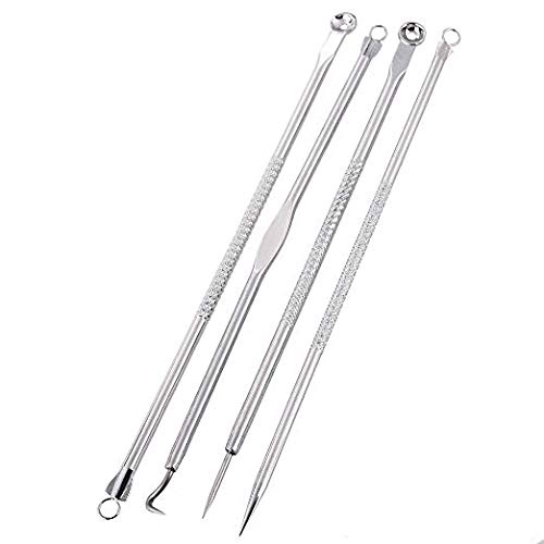 RKPM 4-Piece Stainless Steel Acne Extractor Kit - Blackhead & Blemish Removal Tools with Portable Case for Easy Travel | Professional Skin Care for Face & Body (Silver)