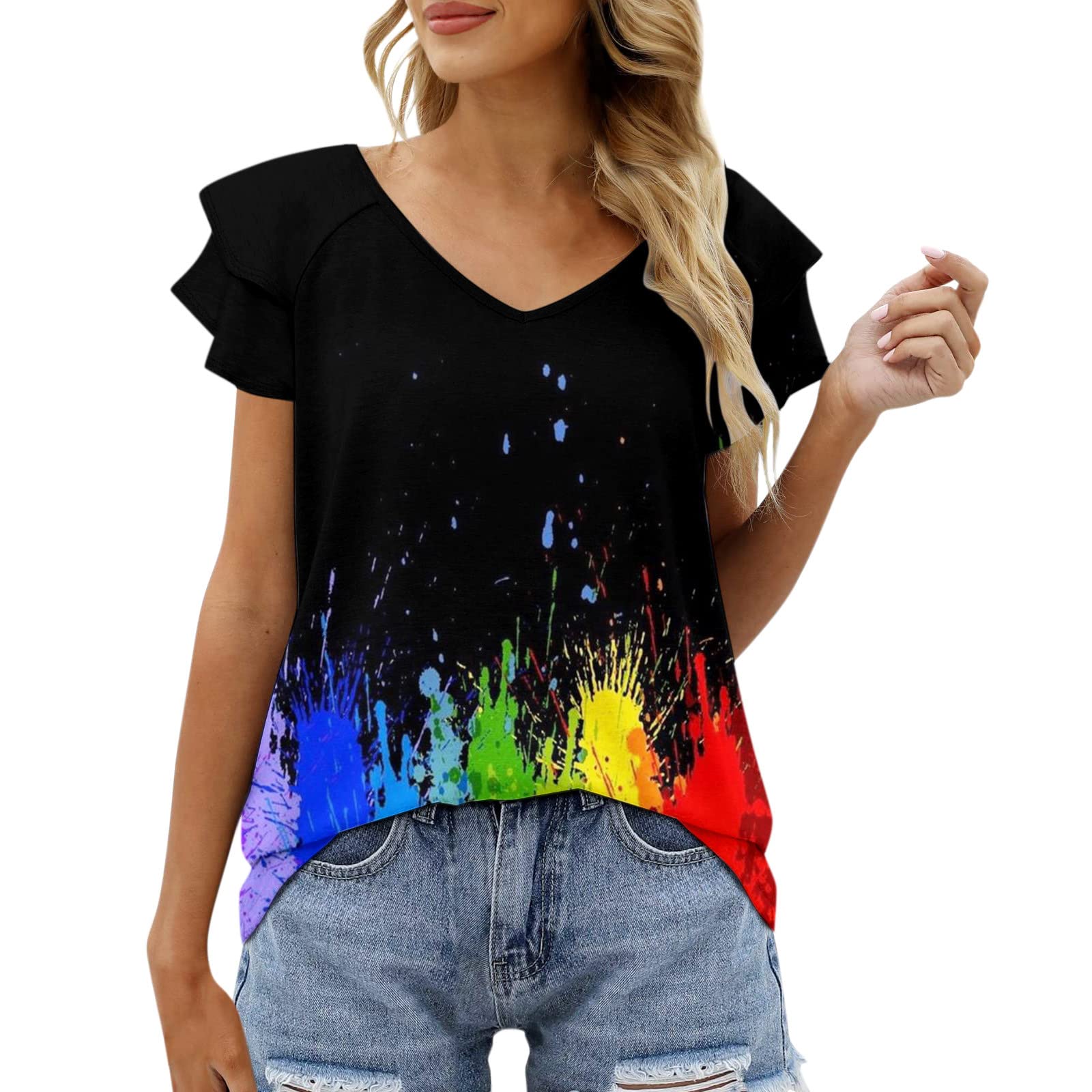 iOPQO Women's Plus Size Ruffled Blouse - Summer Casual Printed Pleated V-Neck Short Sleeve T-Shirt (Black, XL) | Perfect for Office Wear, Date Nights & Summer Outfits