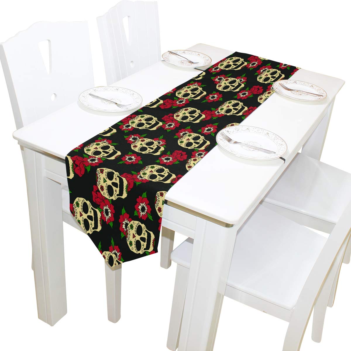AUUXVA 13x90 Inches Long Mexican Sugar Skulls Floral Table Runner - Decorative Polyester Tablecloth for Dining, Kitchen, Coffee Table, Party & Holiday Decor | Perfect for Day of the Dead Celebrations, Halloween, and Festive Home Decor