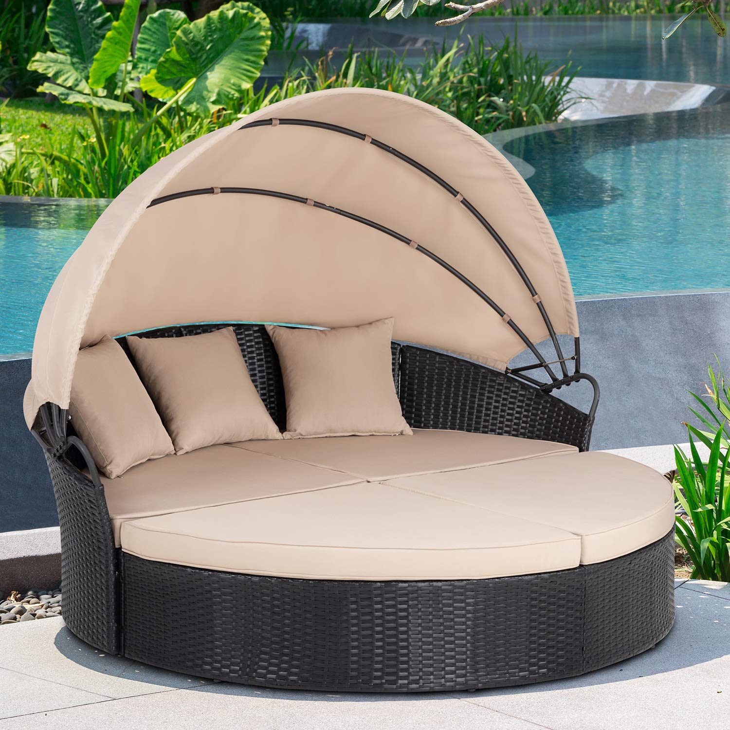 Walsunny Outdoor Round Daybed with Retractable Canopy - Wicker Rattan Patio Furniture for Backyard, Poolside & Garden - Cushioned Seating with Separate Seats | Perfect for Sunbathing, Lounging and Outdoor Relaxation