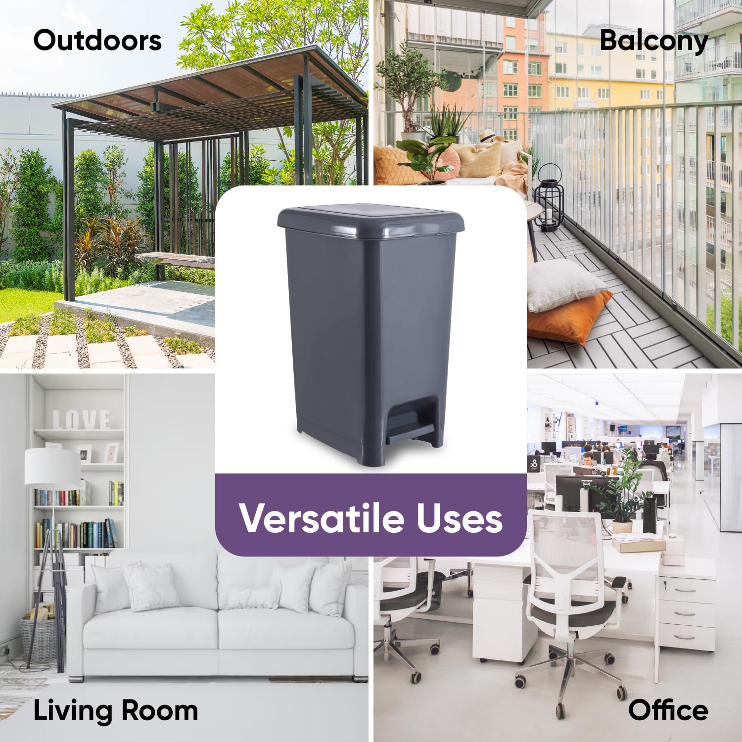 Superio 4 Gallon Slim Step-On Trash Can with Lid - Small Plastic Garbage Bin for Bathroom, Bedroom, Kitchen, Office, RV, Dorm & Patio - Hands-Free Foot Pedal Design - Onyx Grey - Perfect for Small Spaces & Hygienic Waste Disposal