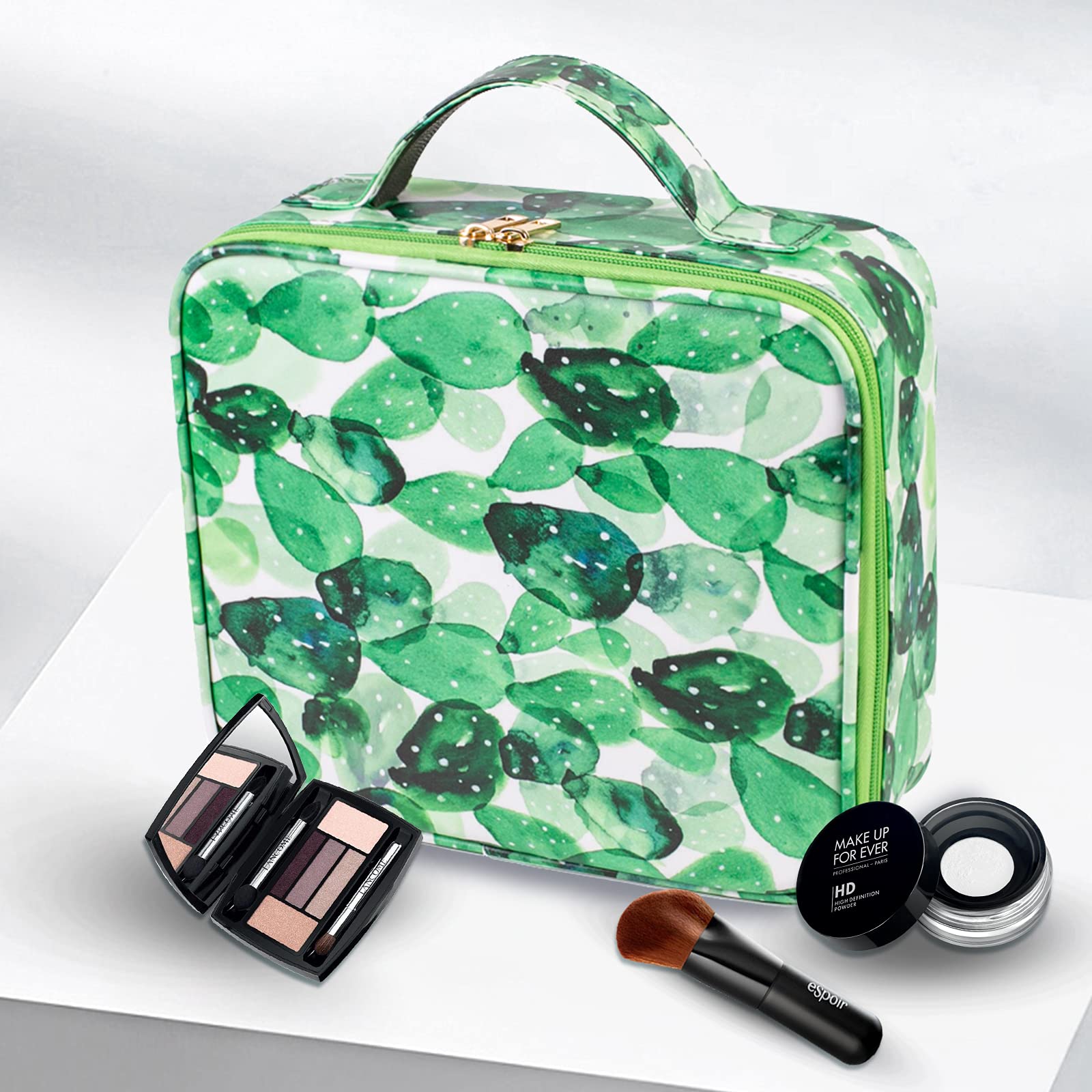 Portable Makeup Train Case with Adjustable Compartments - Cactus Cosmetic Organizer Bag for Women | Perfect for Travel, Makeup Brush Storage, Toiletry & Jewelry Organization | Great for Professional Artists & Digital Accessories Storage