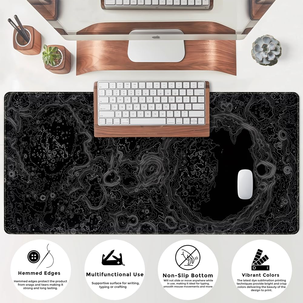 3D Black Topographic Gaming Mouse Pad - 31.5x15.7in Non-Slip Desk Mat for PC Gaming & Office Work