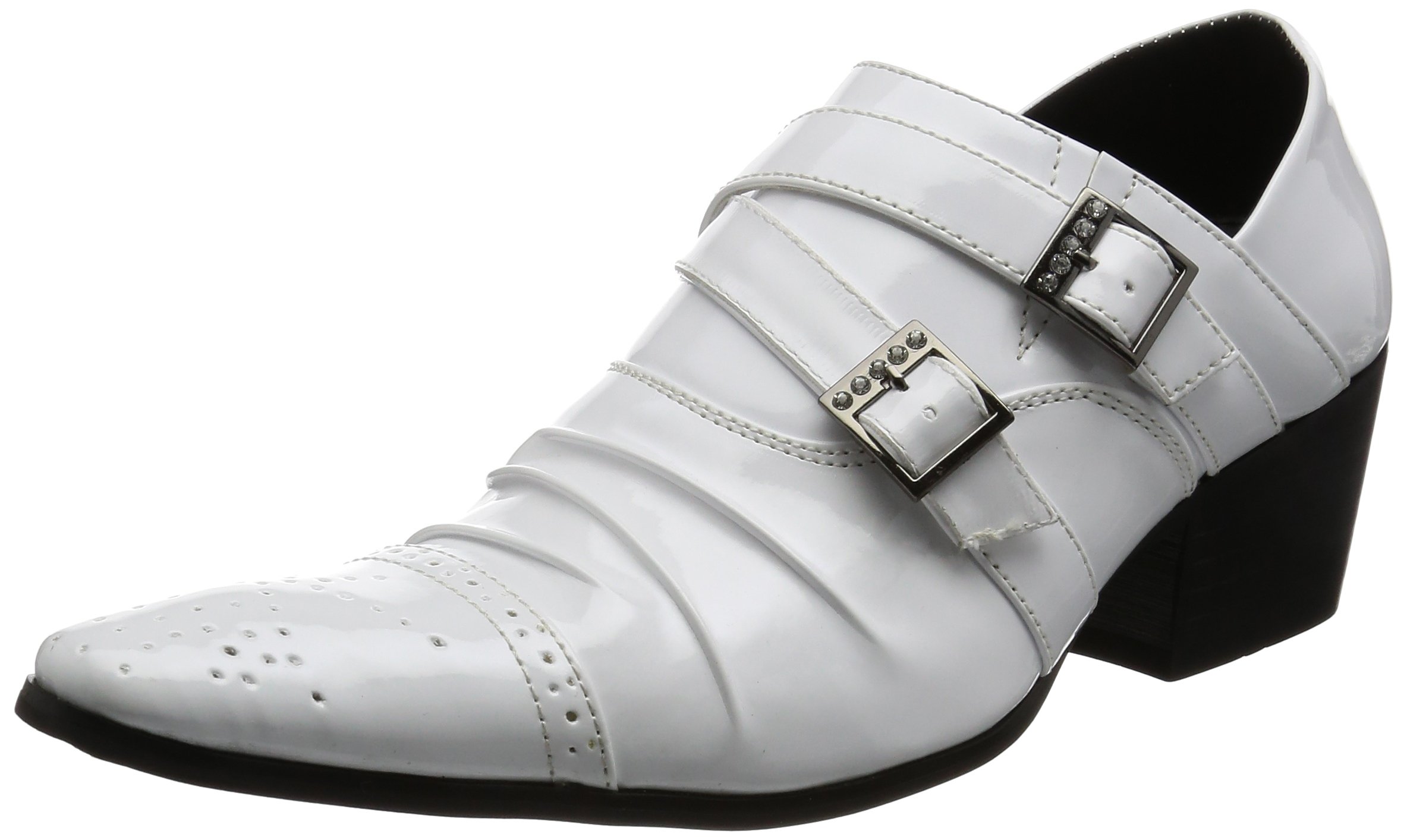 Men's White Enamel Dress Shoes with Double Strap & 6.3cm Heel - Pointed Toe Medallion Design for Business Casual & Formal Occasions