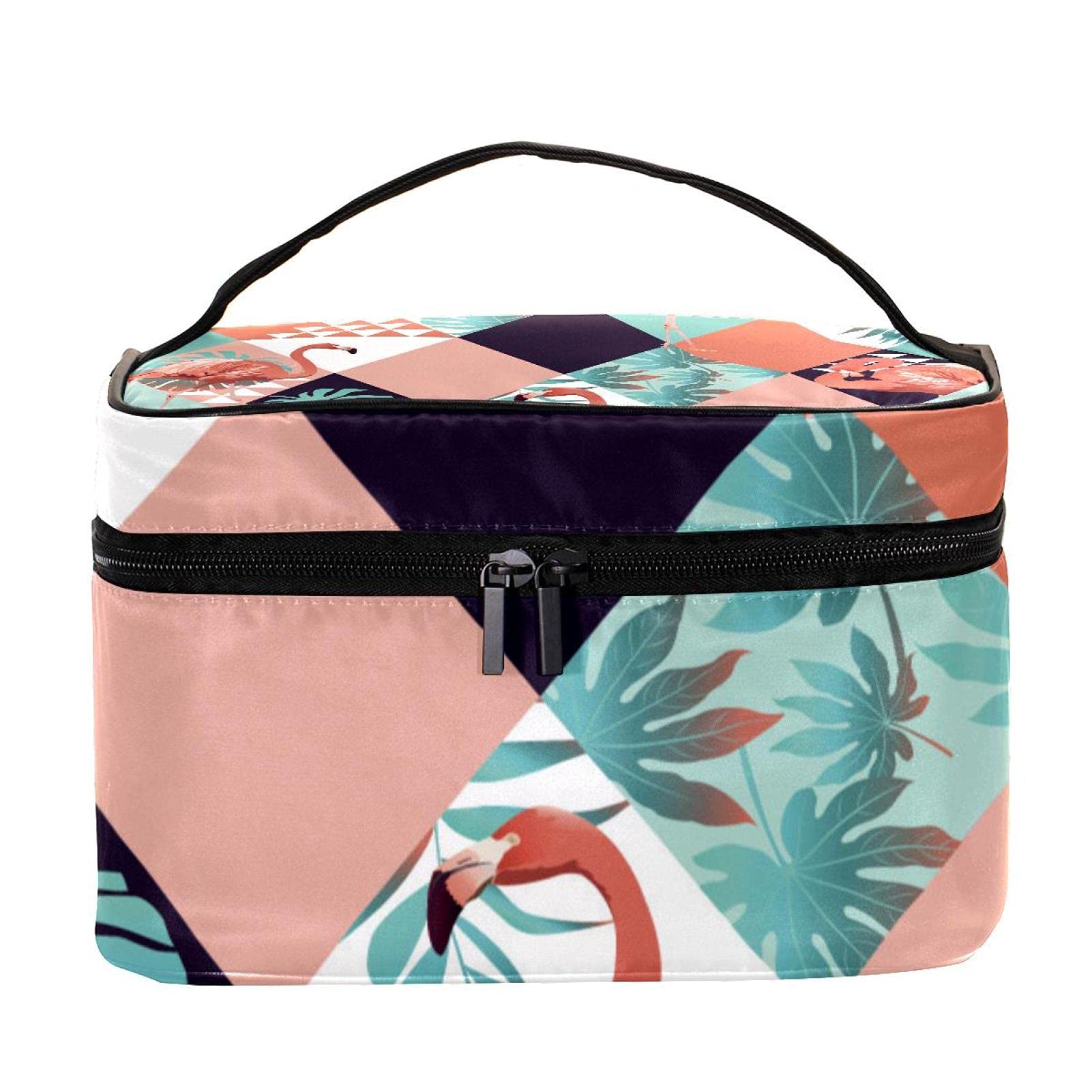 Stylish Geometric Flamingo & Palm Leaf Travel Makeup Bag - Large Cosmetic Organizer with Zipper for Women & Girls - Perfect for Vacations, Beach Trips & Gym Essentials