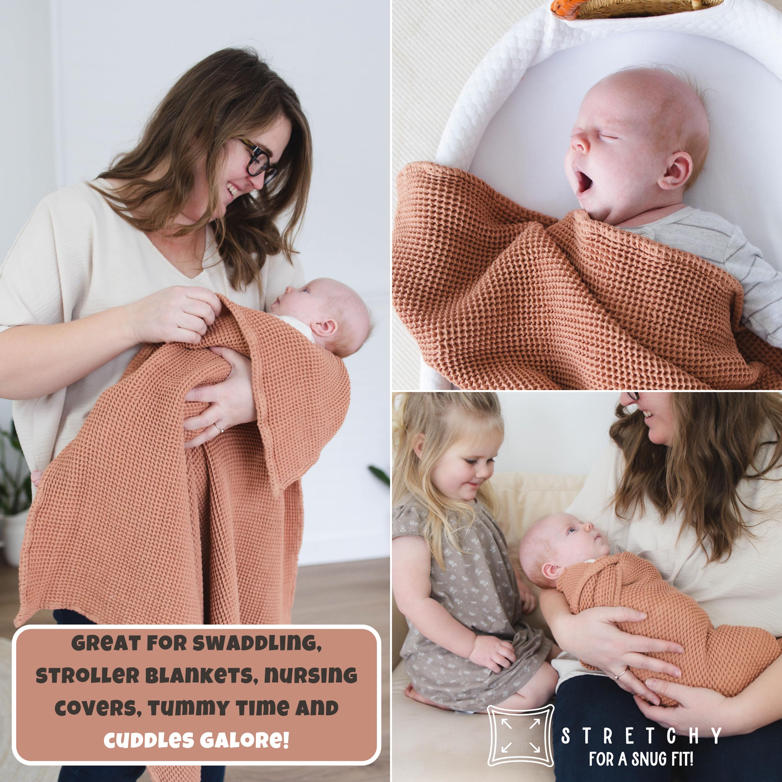 Soft & Breathable Waffle Knit Baby Blanket - 43x43 Inch Gender Neutral Cotton Swaddle, Stroller & Toddler Blanket - Perfect for Nursery, Travel & Outdoor Adventures (Cinnamon)