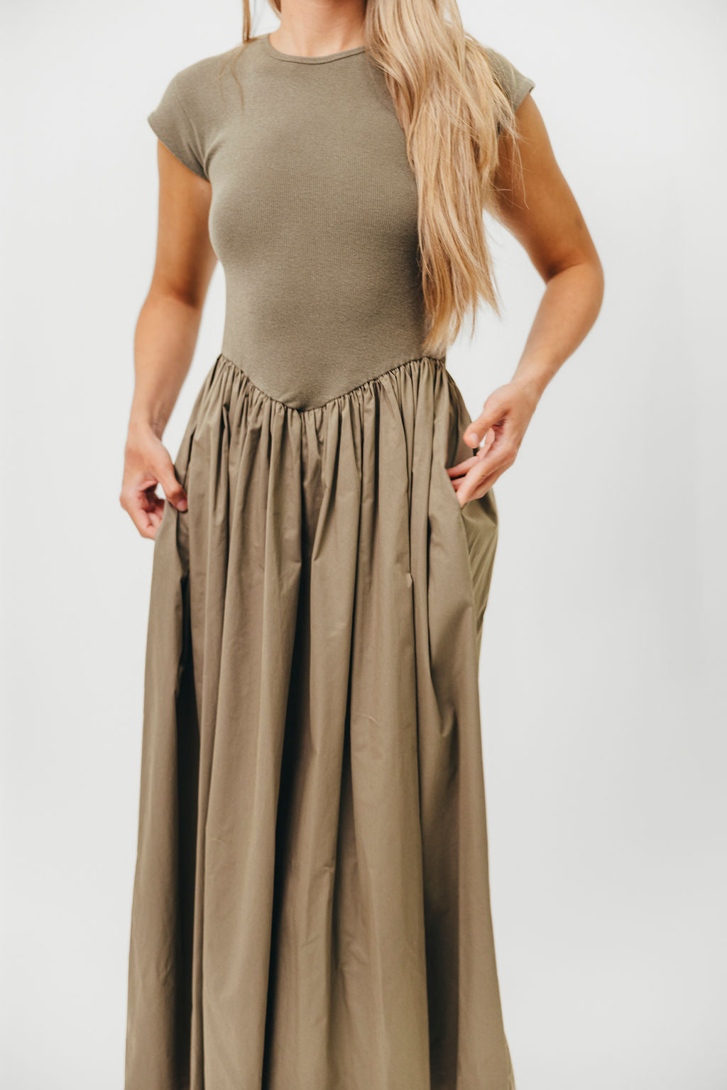 Dolores Olive Rib and Woven Skirt Combo Dress for Women | Elegant Casual Outfit for Parties, Dates & Office Wear