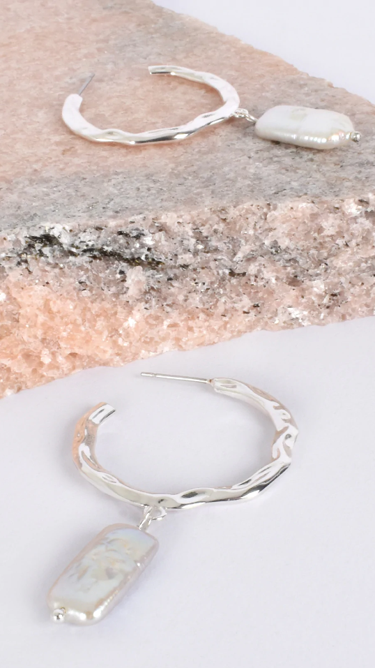 Beaten Metal Pearl Drop Hoop Earrings - Silver & Cream Dangle Earrings for Women | Perfect for Weddings, Parties & Everyday Wear