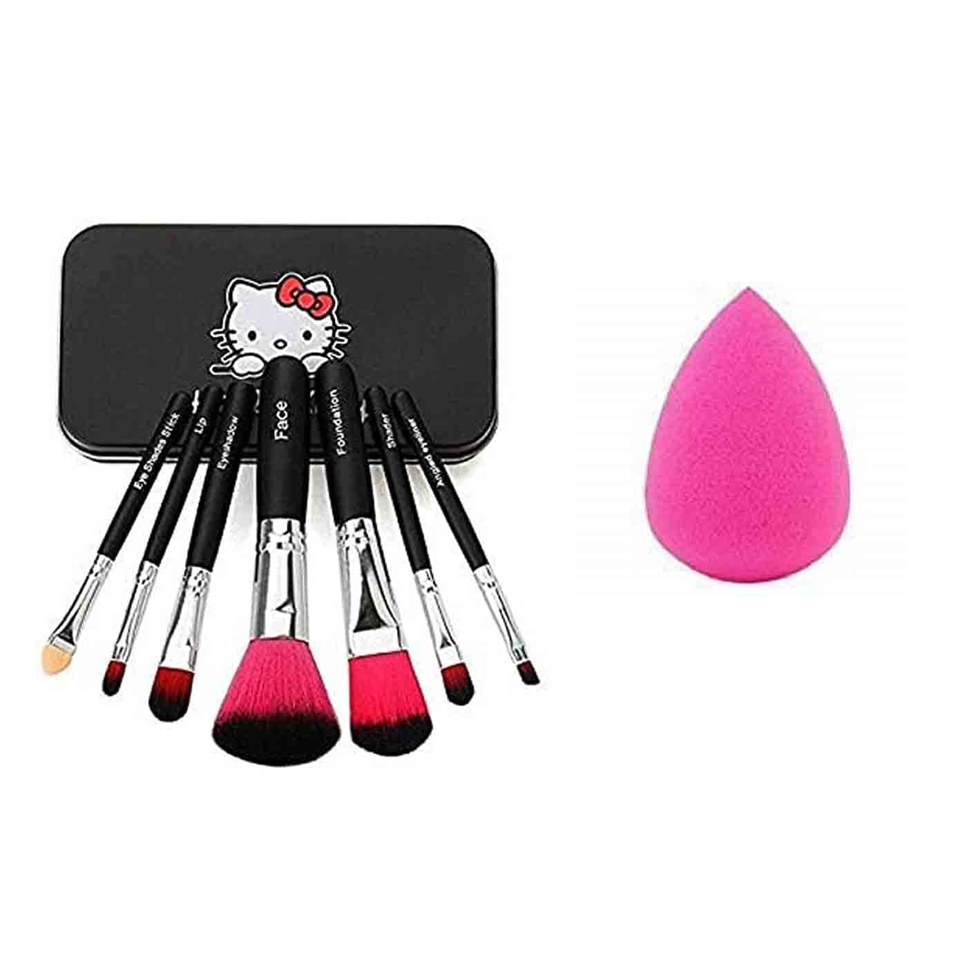 Soft Bristle 7-Piece Black Makeup Brush Set with Pink Beauty Blender - Perfect for Professional & Home Makeup