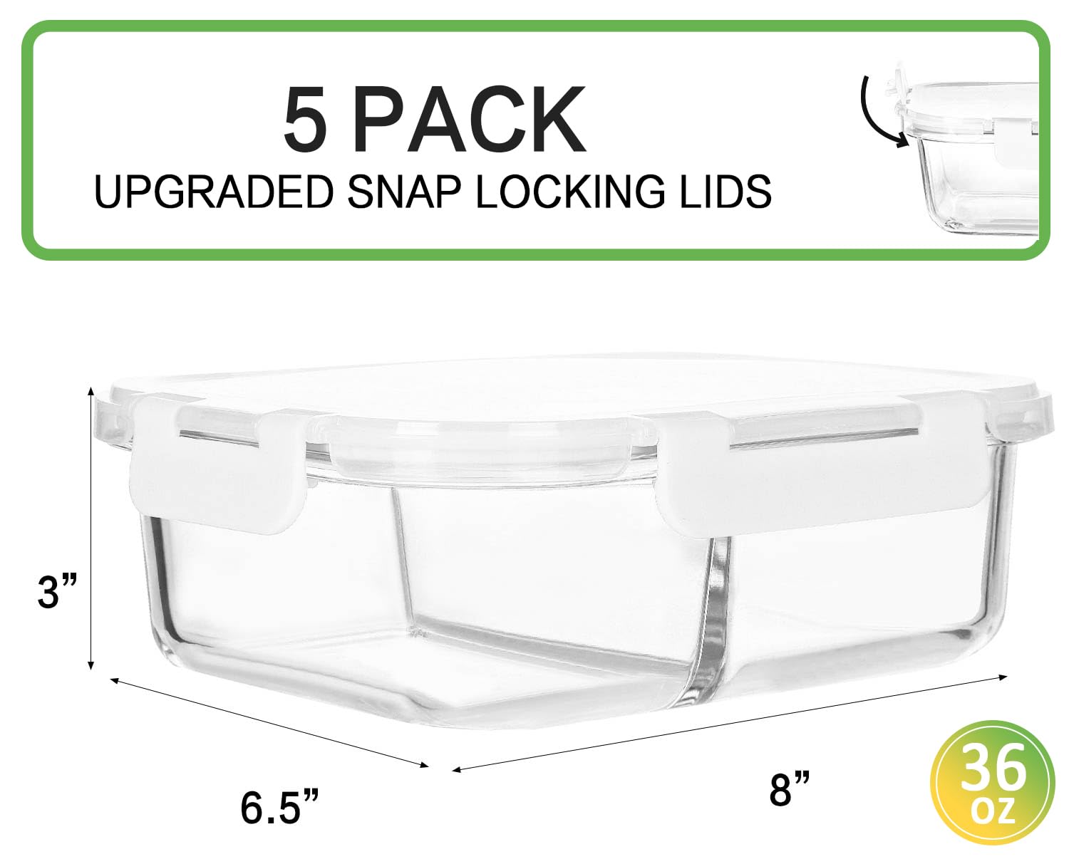 5-Pack 36 Oz Glass Meal Prep Containers with 2 Compartments & Snap Locking Lids - BPA-Free Food Storage Containers for Portion Control - Microwave, Oven, Freezer & Dishwasher Safe (4.5 Cups, White) - Perfect for Meal Prepping, Leftovers & Healthy Eating