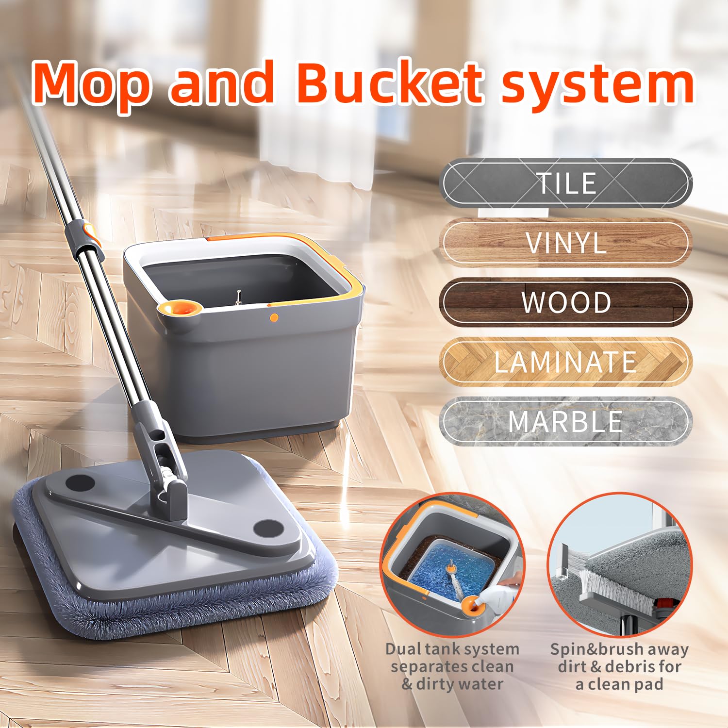 Self-Wringing Spin Mop and Bucket Set with Dual Water System - 360° Rotating Mop Head for Hardwood, Tile & Marble Floors - Perfect for Kitchen, Bathroom & Large Area Cleaning