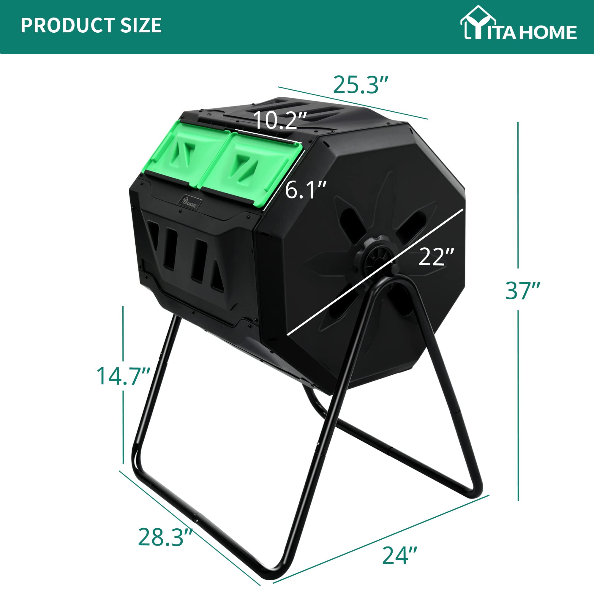 YITAHOME 43 Gallon Large Outdoor Dual Bin Compost Tumbler - 2x21.5 Gallon Rotating Composter with Sliding Doors & Aeration System, BPA Free Garden Compost Bin for Organic Waste Recycling (Green) - Perfect for Backyard Gardening, Sustainable Composting & Eco-Friendly Waste Management