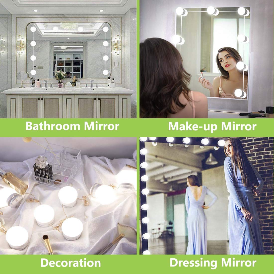 Hollywood LED Makeup Mirror Lights - 10 Dimmable Bulbs, 3 Color Modes for DIY Vanity & Bathroom Lighting