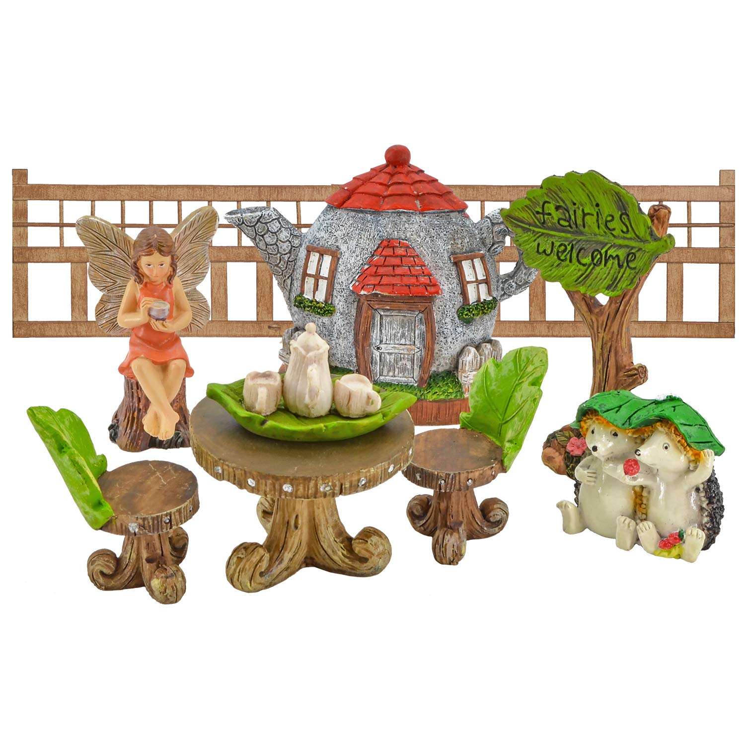 Arcadia Garden Products FG31 11-Piece Tea Party Fairy Garden Kit for Outdoor & Indoor Decor – Perfect for Kids Play, DIY Miniature Gardens, and Home Decoration