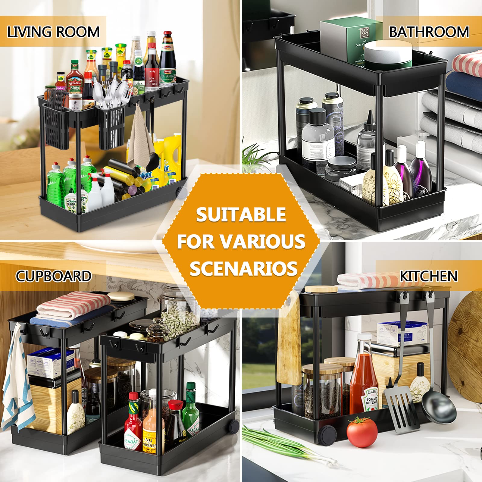 McNory 2-Tier Under Sink Organizer Shelf with 8 Hooks & 4 Hanging Cups - Bathroom & Kitchen Cabinet Storage for Sponges, Cleaning Supplies - Perfect for Small Spaces, Vanity, Countertop Organization