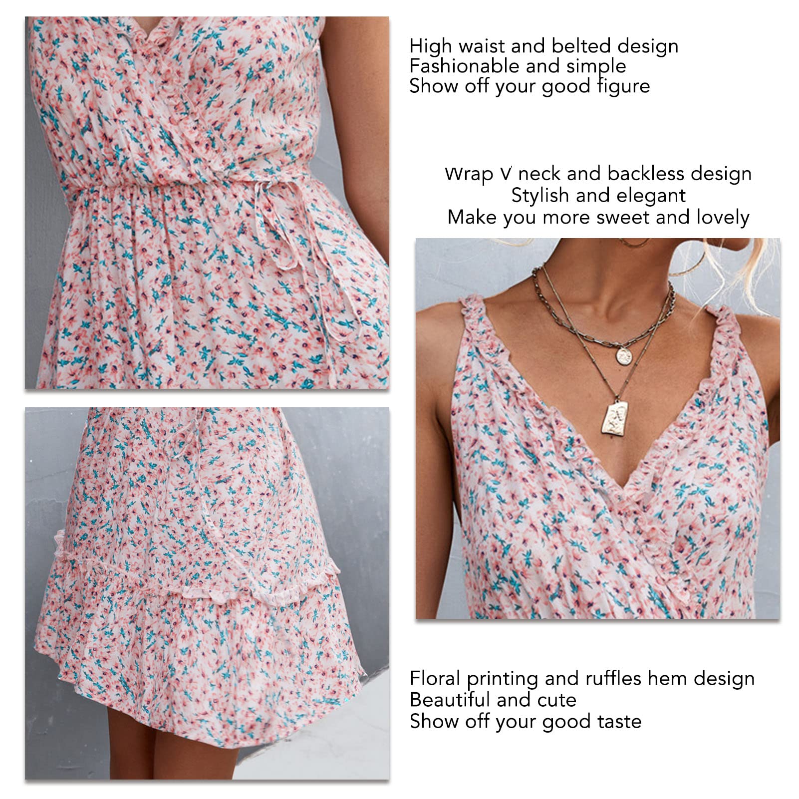 Ejoyous Women's Floral Print Summer Dress - Sleeveless V-Neck Mini Dress with Waist Belt & Ruffled Hem, Knee-Length Loose Fit (Size XL, White) | Perfect for Beach Vacations, Garden Parties & Casual Outings