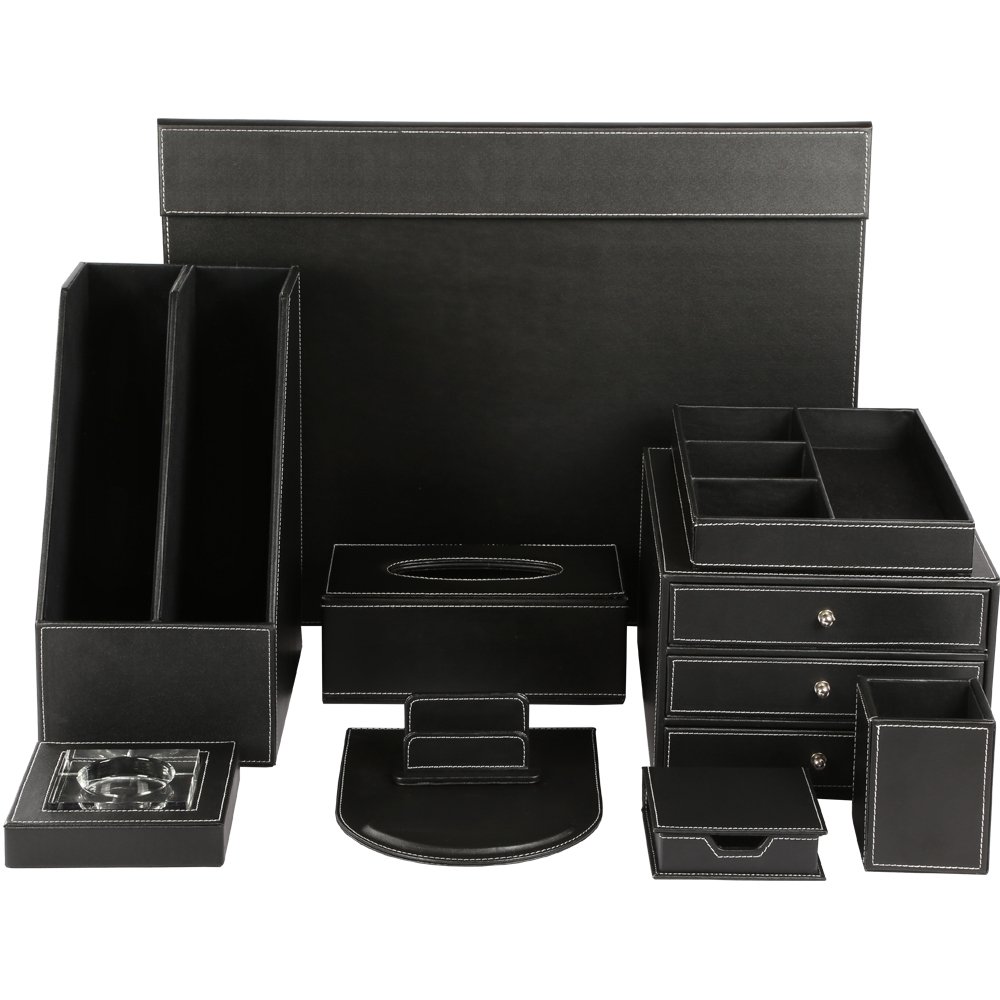 KINGFOM 10-Piece Office Desk Organizer Set - File Holder, Drawer Organizer, Pen Holder, Memo Paper Tray, Name Card Stand, Mouse Pad, Desk Mat, Crystal Display & Tissue Box Holder for Home & Office Workspace (T07H)