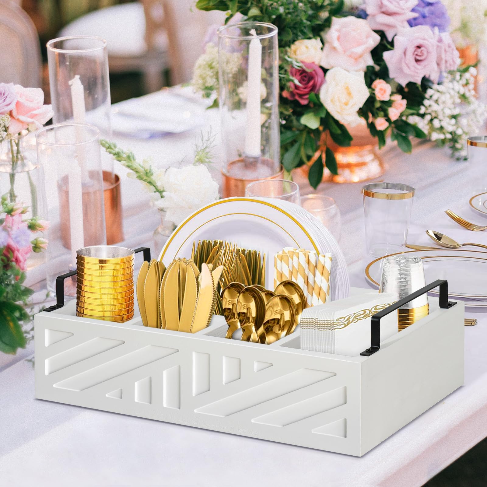 Ameuphercy Wooden Paper Plate Holder & Utensil Caddy - Countertop Organizer for Disposable Plates, Cups, Spoons & Forks - Kitchen & Party Serving Essential (White Carving Design) - Perfect for Buffets, BBQs, Picnics & Family Gatherings