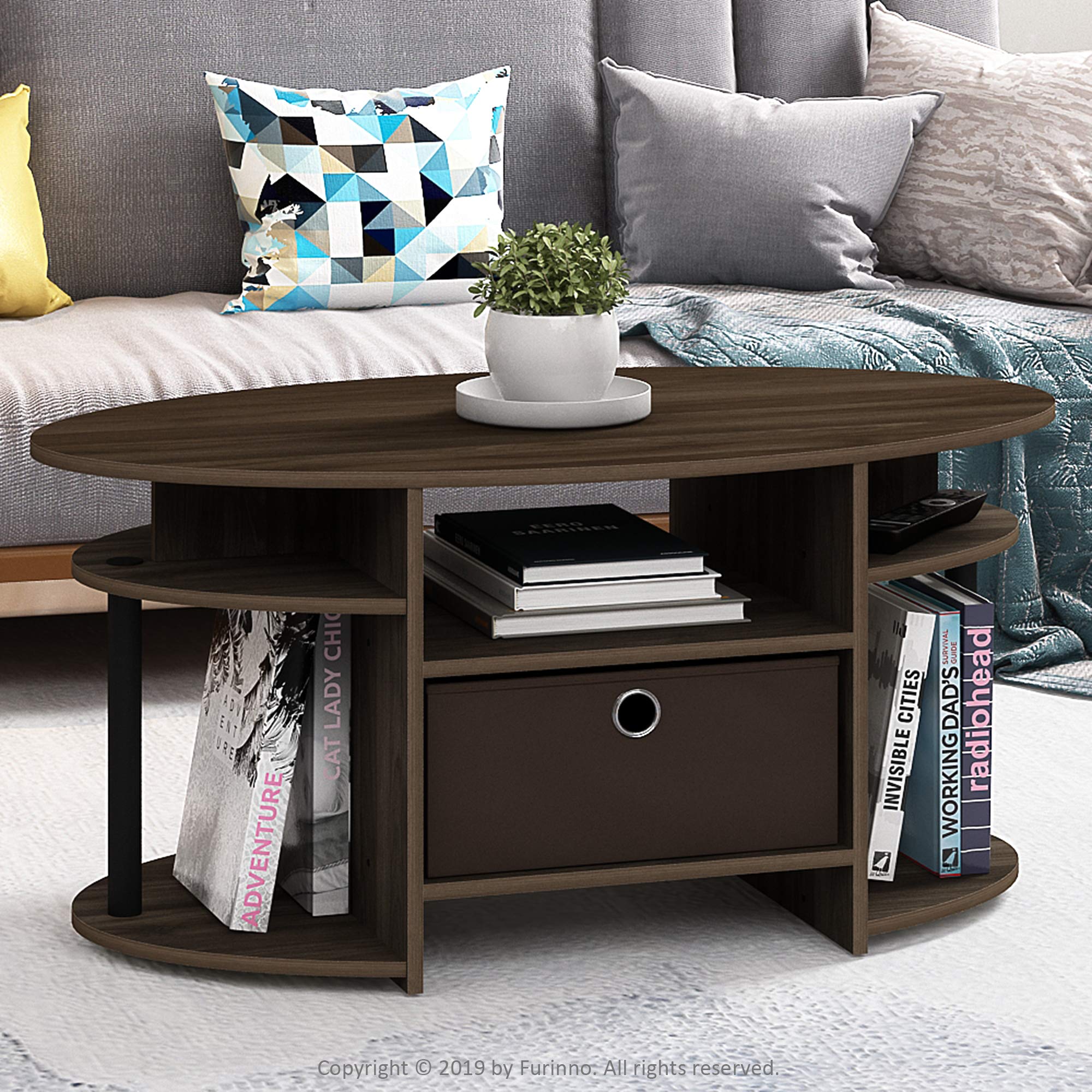 Furinno Jaya Oval Coffee Table with Storage Bin - Simple Modern Design for Living Room, Columbia Walnut/Black/Dark Brown - Perfect for Small Spaces, Apartments & Home Decor
