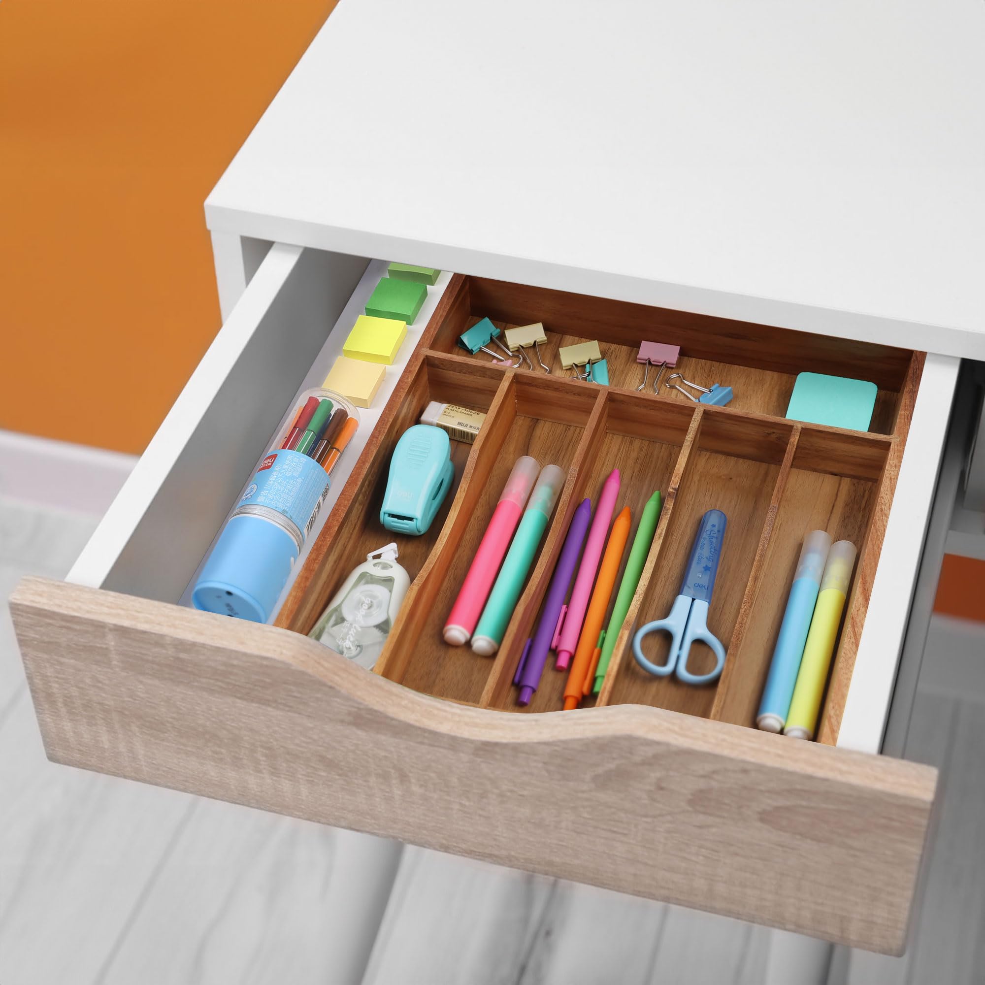 Acacia Wood Silverware Organizer - 7 Slot Kitchen Drawer Divider with Deep Grooves | Utensil Holder & Cutlery Tray for Flatware Storage | Perfect for Kitchen Organization and Dining Room Drawers