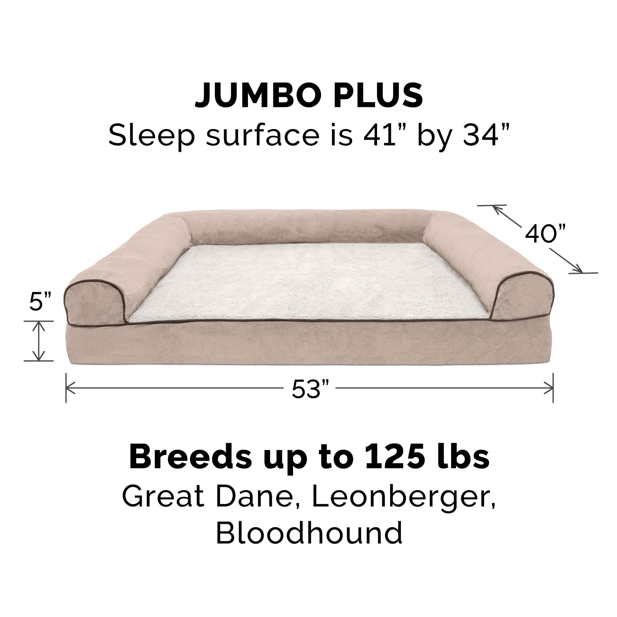 Furhaven Orthopedic Dog Bed for Large Dogs up to 125 lbs - Removable Bolsters & Washable Cover - Sherpa & Chenille Sofa Style - Cream Jumbo Plus/XXL - Perfect for Arthritis Relief & Comfortable Sleeping in Living Room or Bedroom