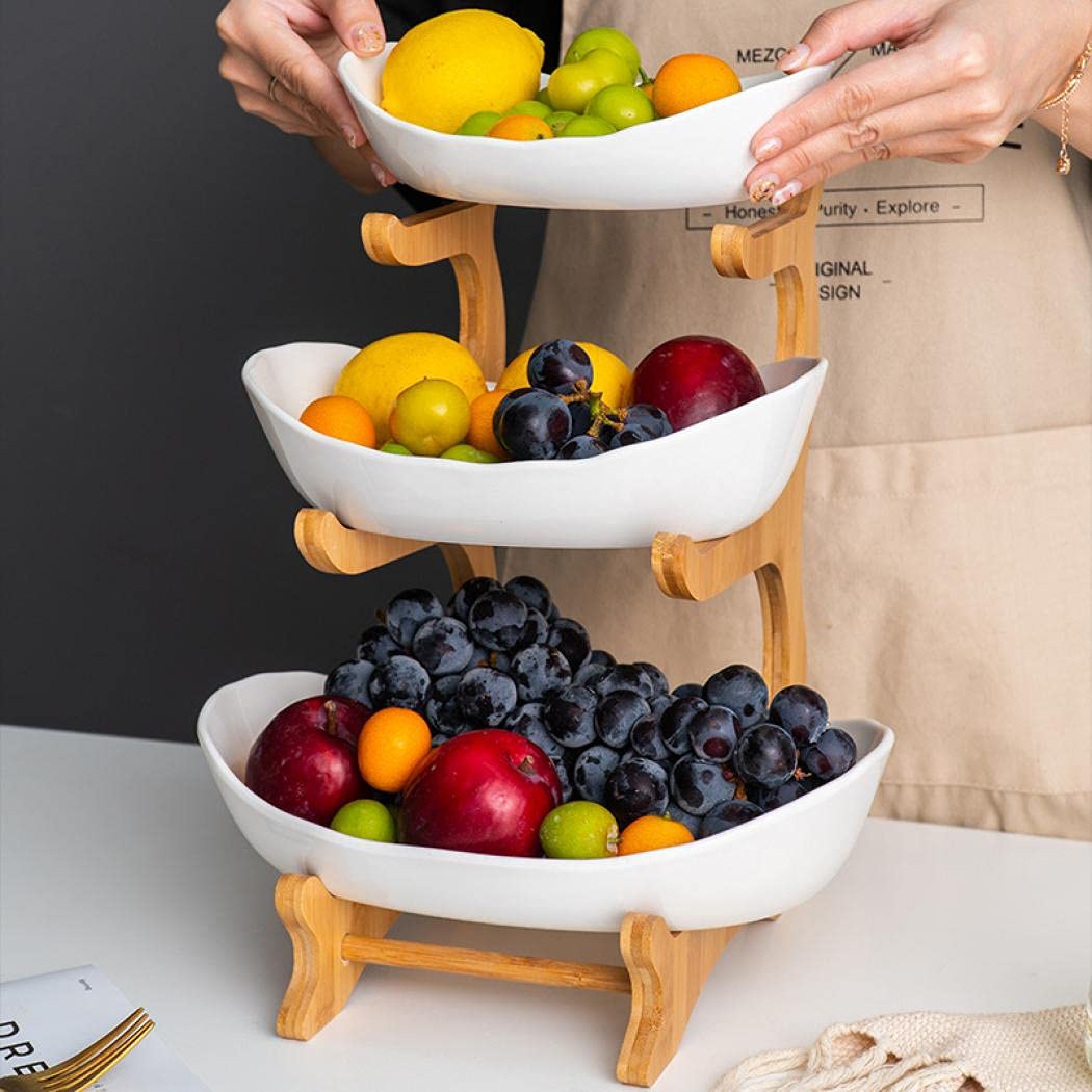 3 Tier Ceramic Fruit Basket for Kitchen Counter - White Porcelain Fruit Bowl Set for Organizing Fruits, Veggies, Snacks, Nuts & Bread - Perfect for Home, Office or Party Serving Tray