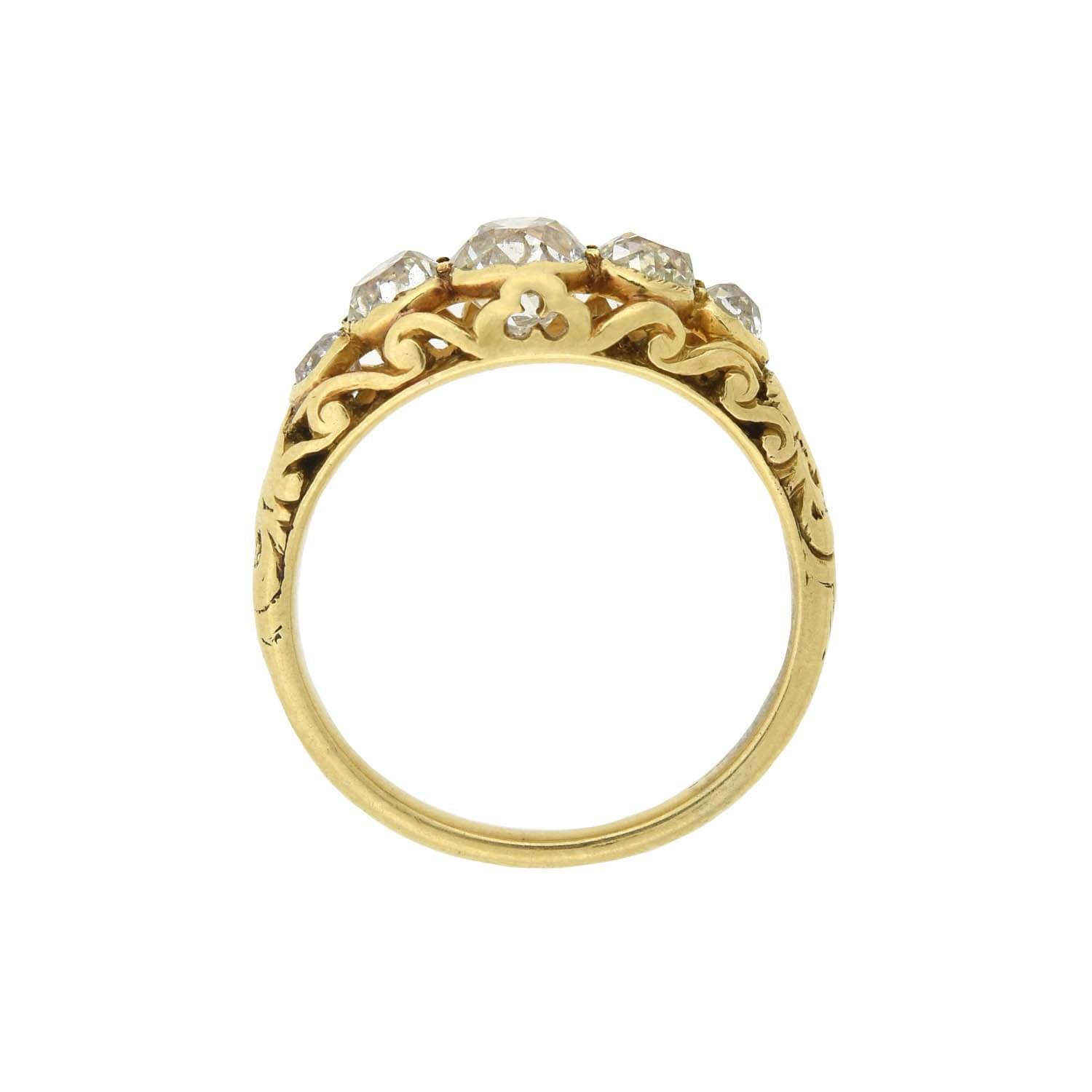 Victorian Style 18kt Gold Mine Cut Diamond 5 Stone Ring - 2.00ctw Total Weight - Elegant Antique Jewelry for Weddings, Anniversaries & Special Occasions