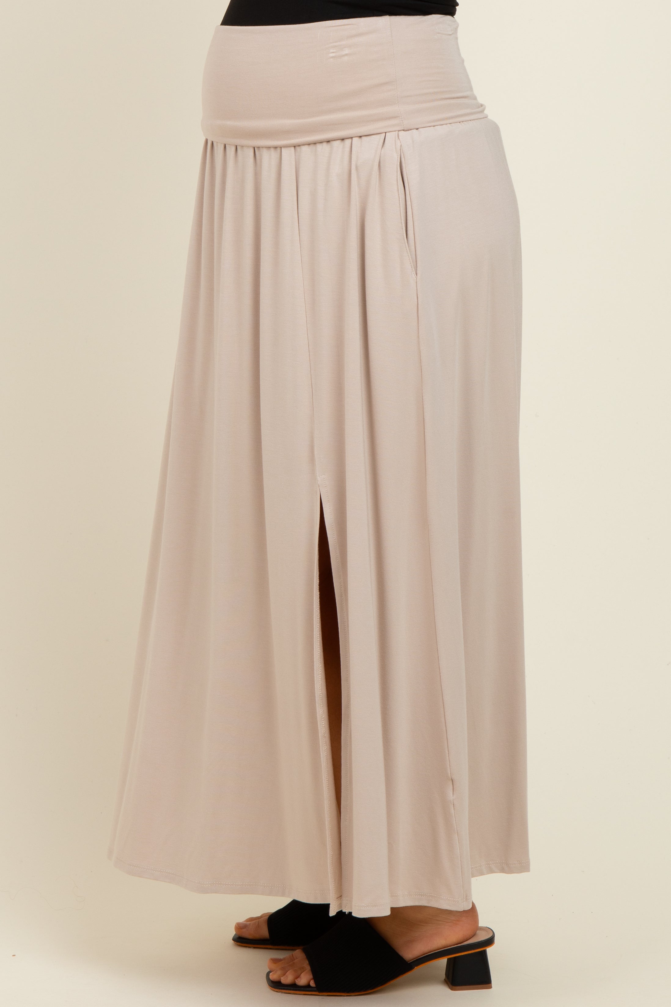 Beige Maternity Maxi Skirt with Foldover Waist & Side Slit - Comfortable Pregnancy Dress for Casual Wear, Beach Vacation & Photoshoots