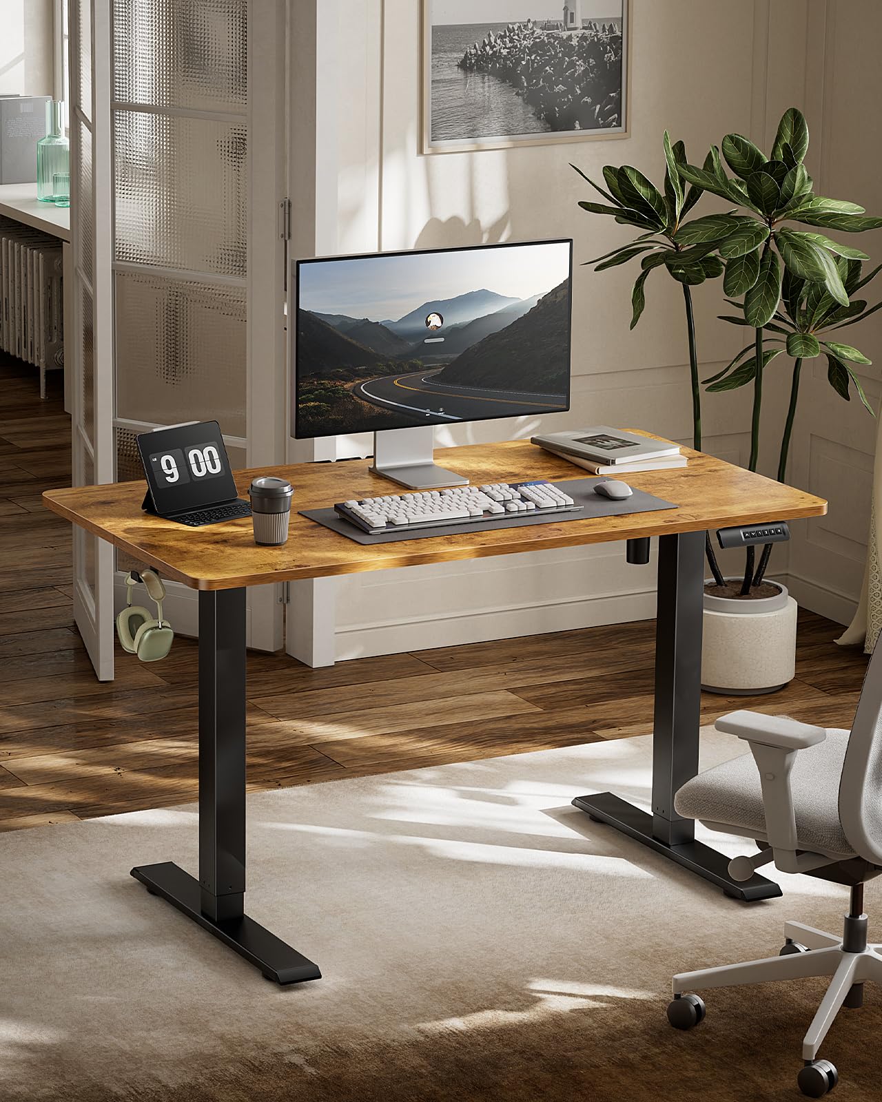 Marsail 48x24 Inch Electric Standing Desk - Adjustable Height Home Office Desk with 4 Memory Presets, Headphone Hook & Cable Organizer (Rustic Brown) | Perfect for Remote Work, Gaming & Study Spaces