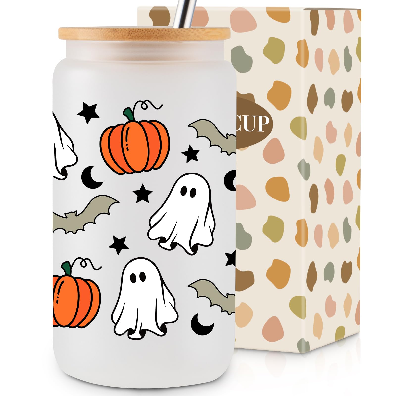16oz Halloween Pumpkin Ghost Tumbler with Lid & Straw - Cute Spooky Glass Cup for Iced Coffee, Smoothies - Perfect Halloween Gift for Women, Kids, Teens, Adults - Great for Fall Parties, Trick-or-Treating & Seasonal Drinks