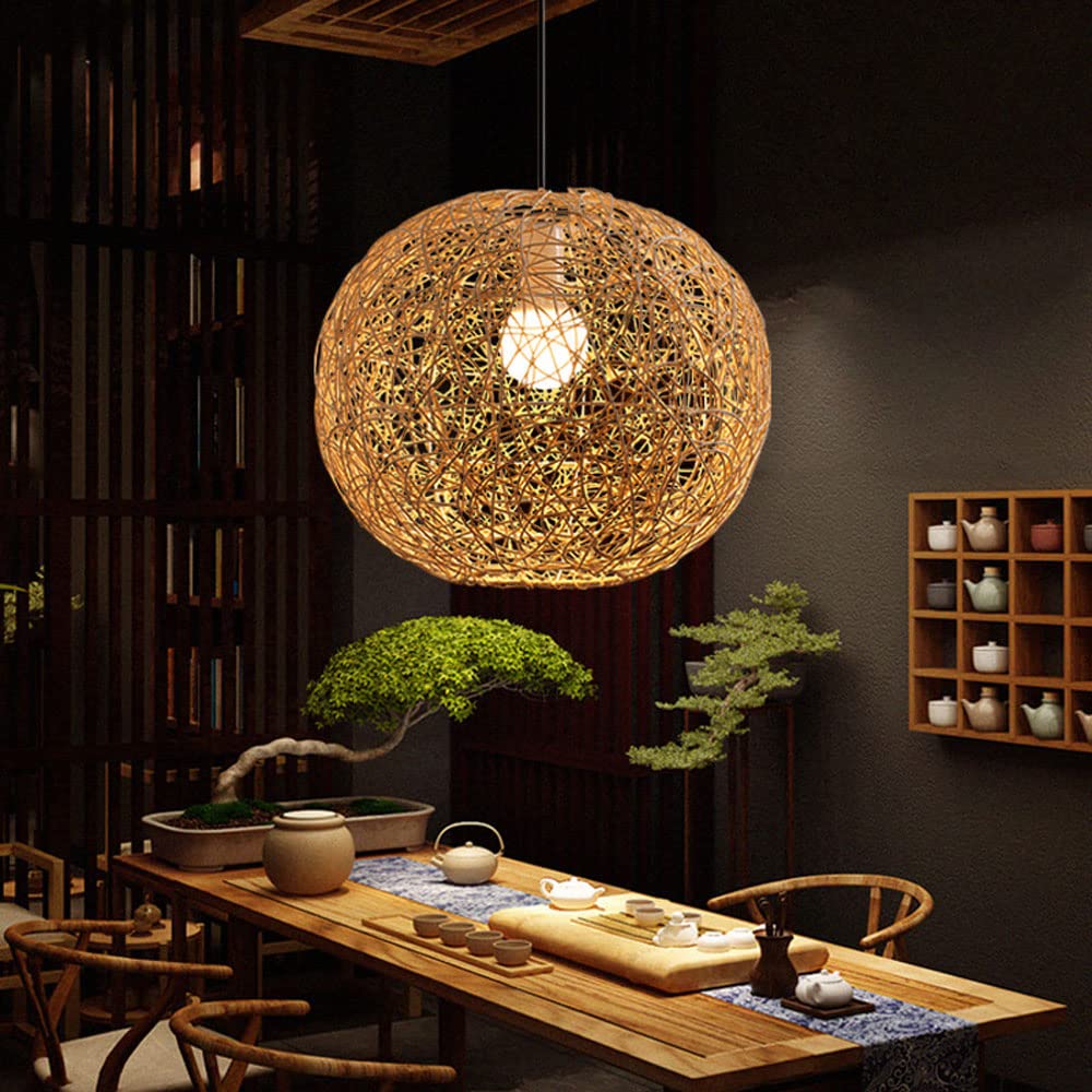 Handwoven Bamboo Pendant Light - Natural Rattan Chandelier for Farmhouse, Dining Room & Bedroom | Eco-Friendly Hanging Lamp for Home Decor, Kitchen Island Lighting, Patio & Living Room