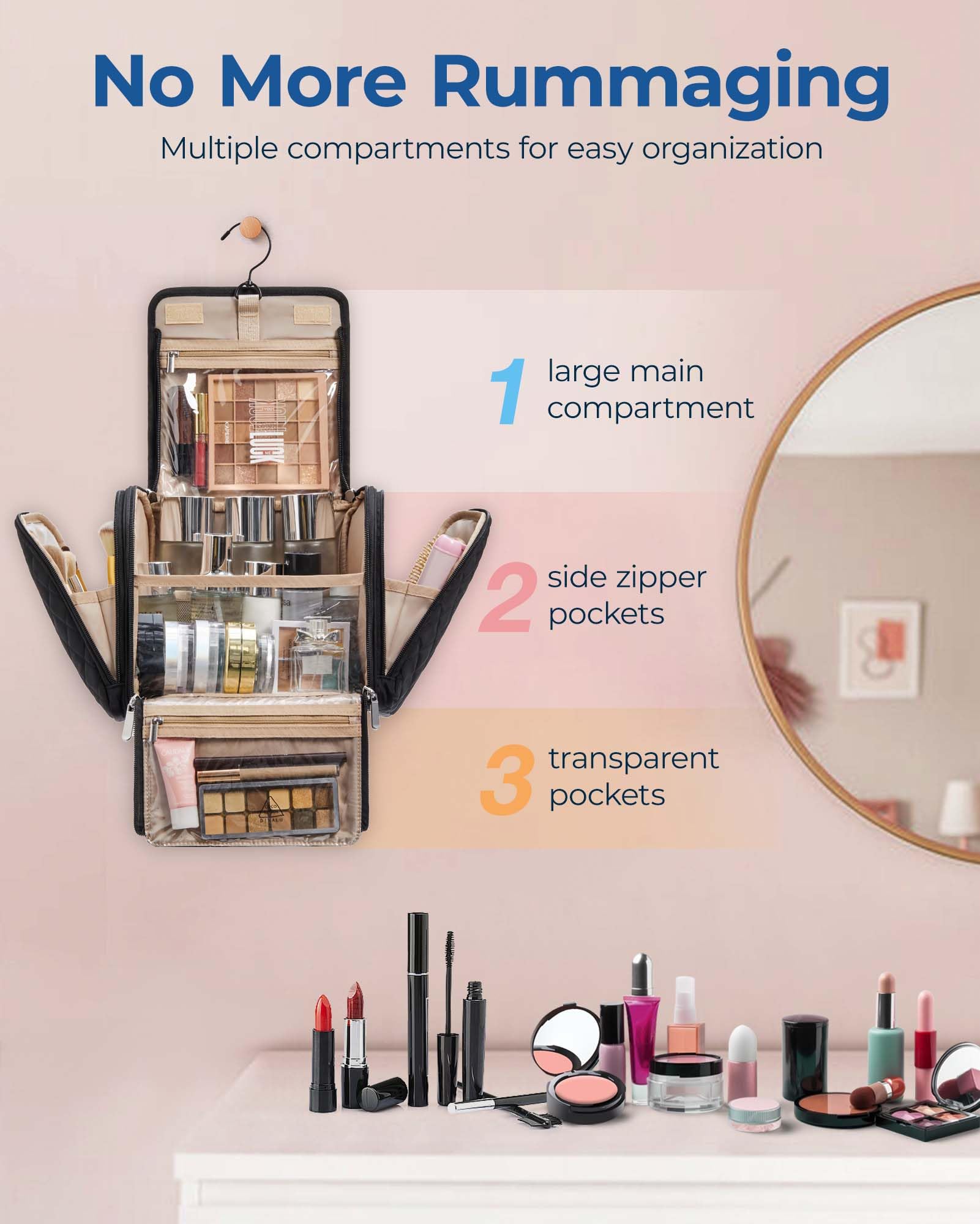BAGSMART Large Hanging Makeup Bag for Women - Portable Travel Cosmetic Organizer with Hook, Spacious Toiletry Case for Full-Sized Cosmetics & Essentials, Black | Perfect for Travel, Gym, and Home Storage